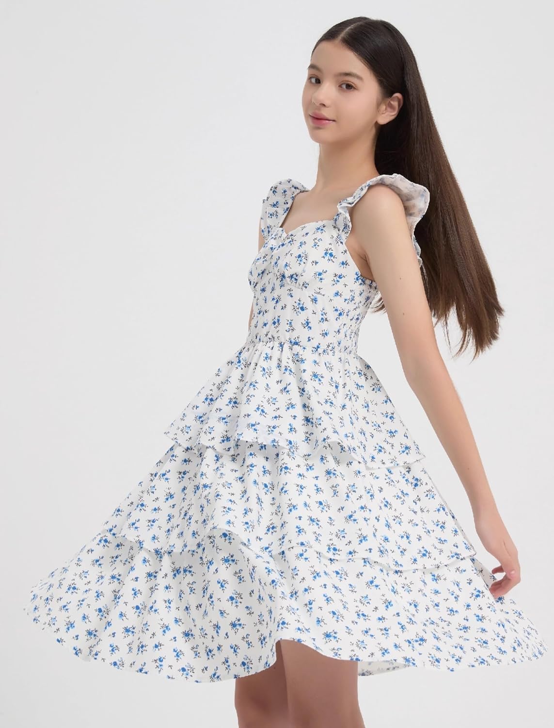 EXARUS Girls Padded Floral Dress Easter Summer Ruffle Swing Flowy Spring Casual Sweetheart Smocked Waist A-line Dresses