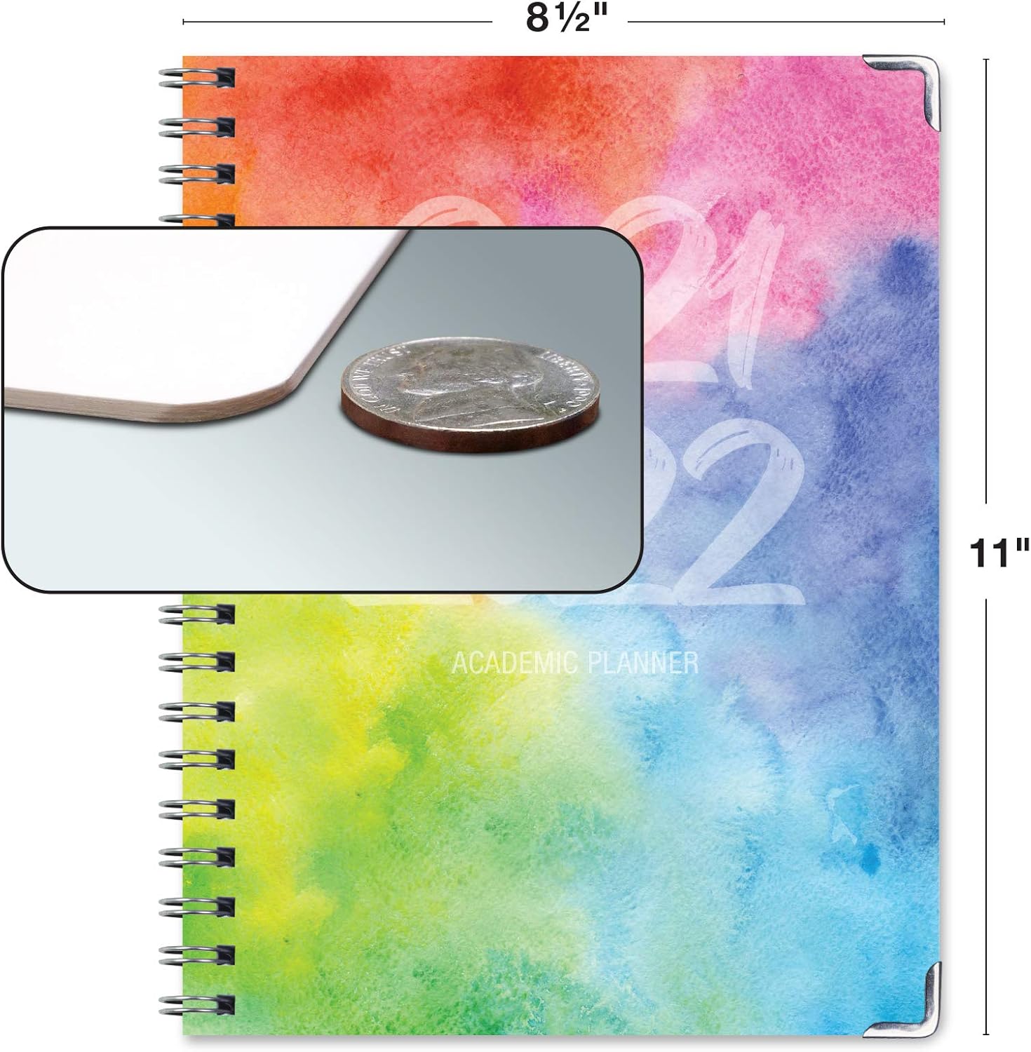 HARDCOVER Academic Year 2021-2022 Planner: (June 2021 Through July 2022) 8.5"x11" Daily Weekly Monthly Planner Yearly Agenda. Bookmark, Pocket Folder and Sticky Note Set (Rainbow Watercolors) : Office Products