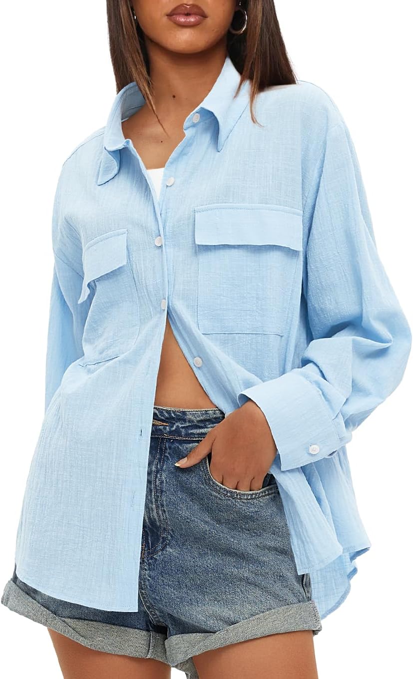 Darong Women's Button Down Long Sleeve Shirts Cotton Blend Casual Oversized Boyfriend Loose Fit Blouse Top - Image 2