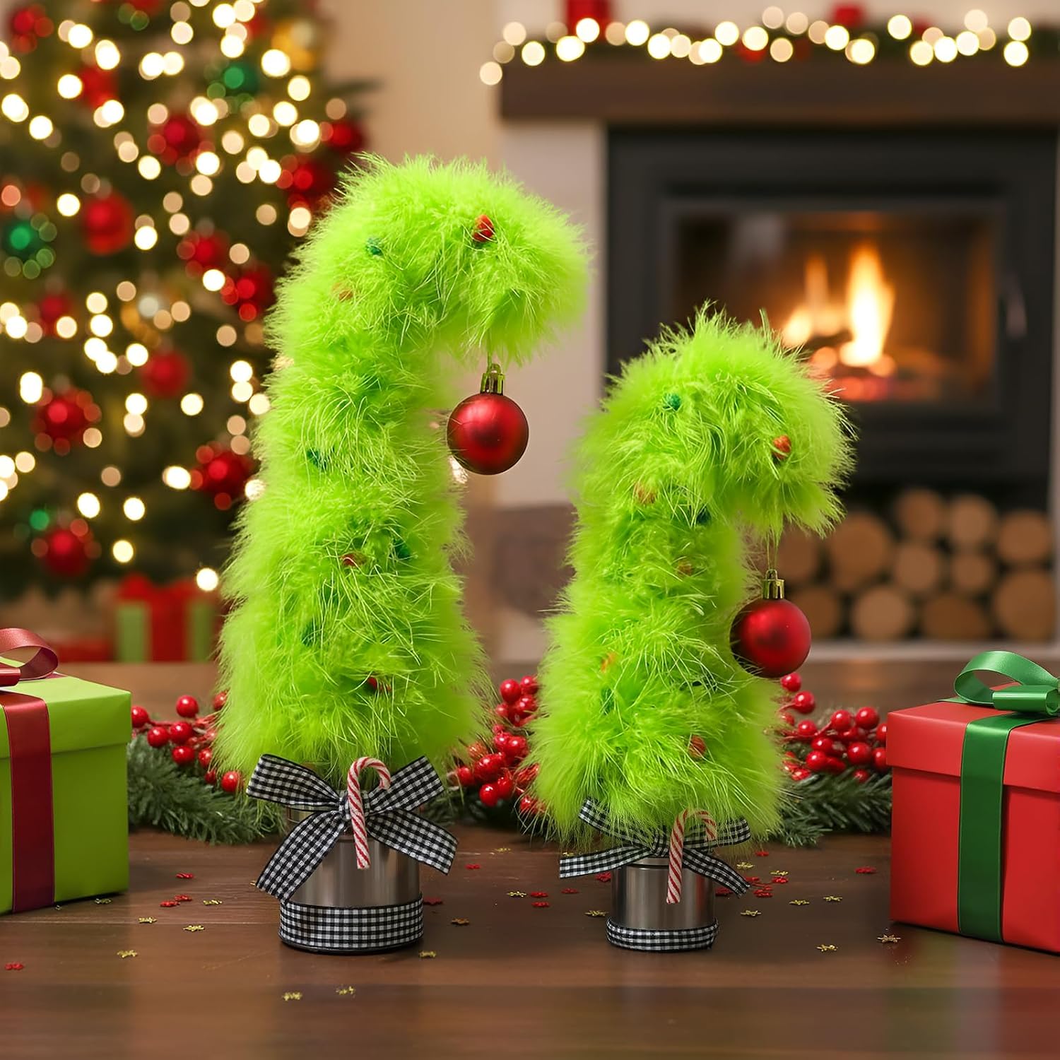 Grinchmas Christmas Decorations, 2Pcs Mini Green Grinchmas Christmas Trees with Plush Fur Surface, Christmas Decor for Table Home Shelf Cabinet, Home Display, Tabletop image 2