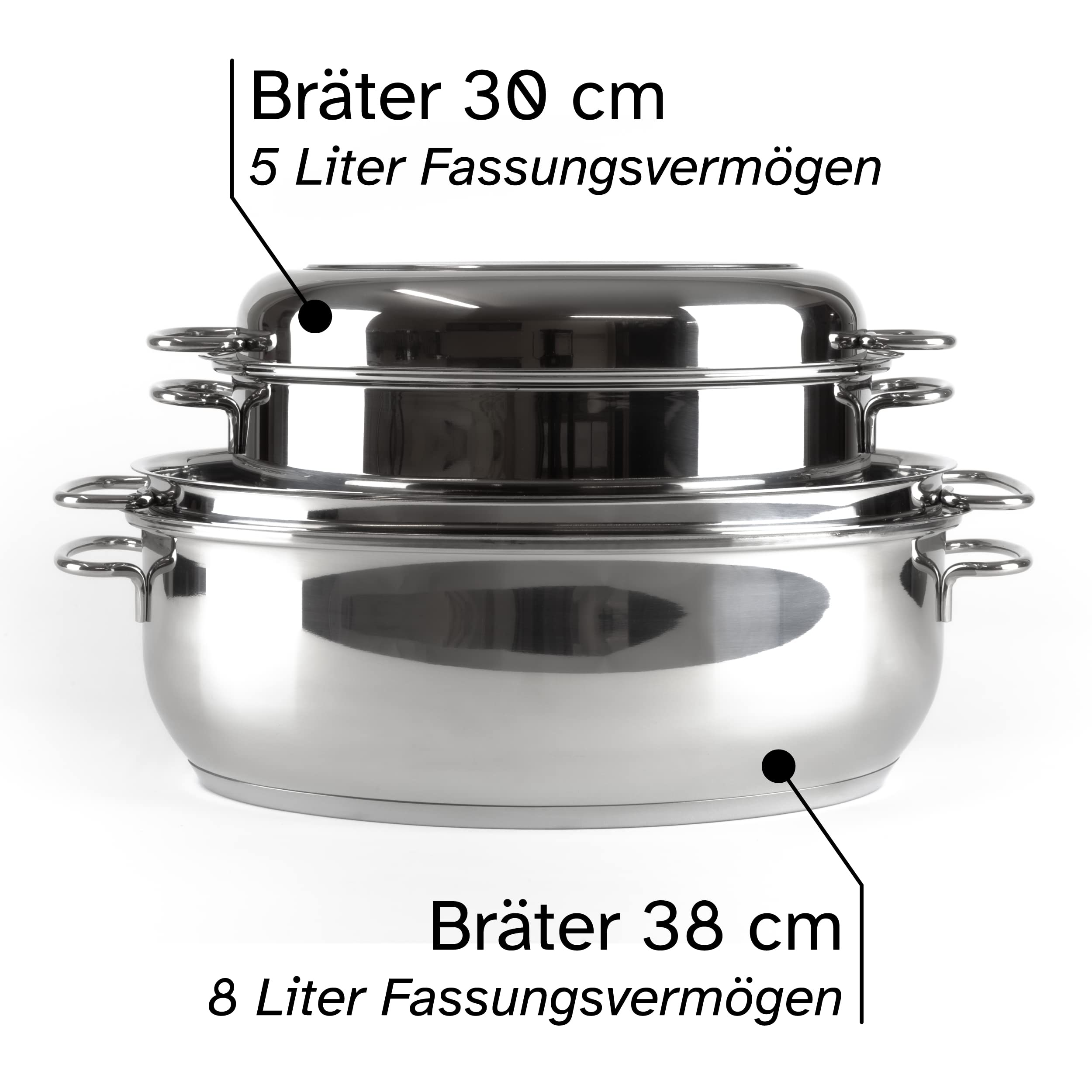 HWD Töpfe Pfannen Bräter mit Deckel für Induktion, 18/10 Edelstahl poliert, Deckel, Thermoknauf, Garsystem, unbeschichtet