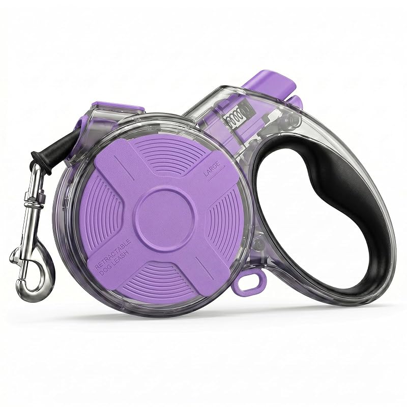 Guia Retrátil para Cães com Design Transparente, Nylon Reforçado, 4,88 m, Roxa Purple L, Gluckelk