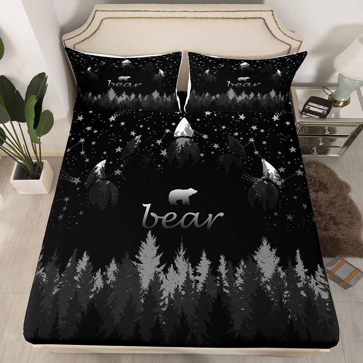 Bear Fitted Sheet Single Size, Grey Black Tree Silhouette Bed Cover with 1 Pillowcase, Wild Animal Theme Bedding Set 2pcs for Kids Boys Teens Room Decor, Soft Polyester Bedding