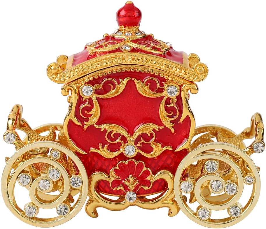 Retro Carriage Jewelry Trinket Box Enamel Ring Hold Boxes Hand-Painted Vintage Ornaments Craft Gift for Women Girls (Red)