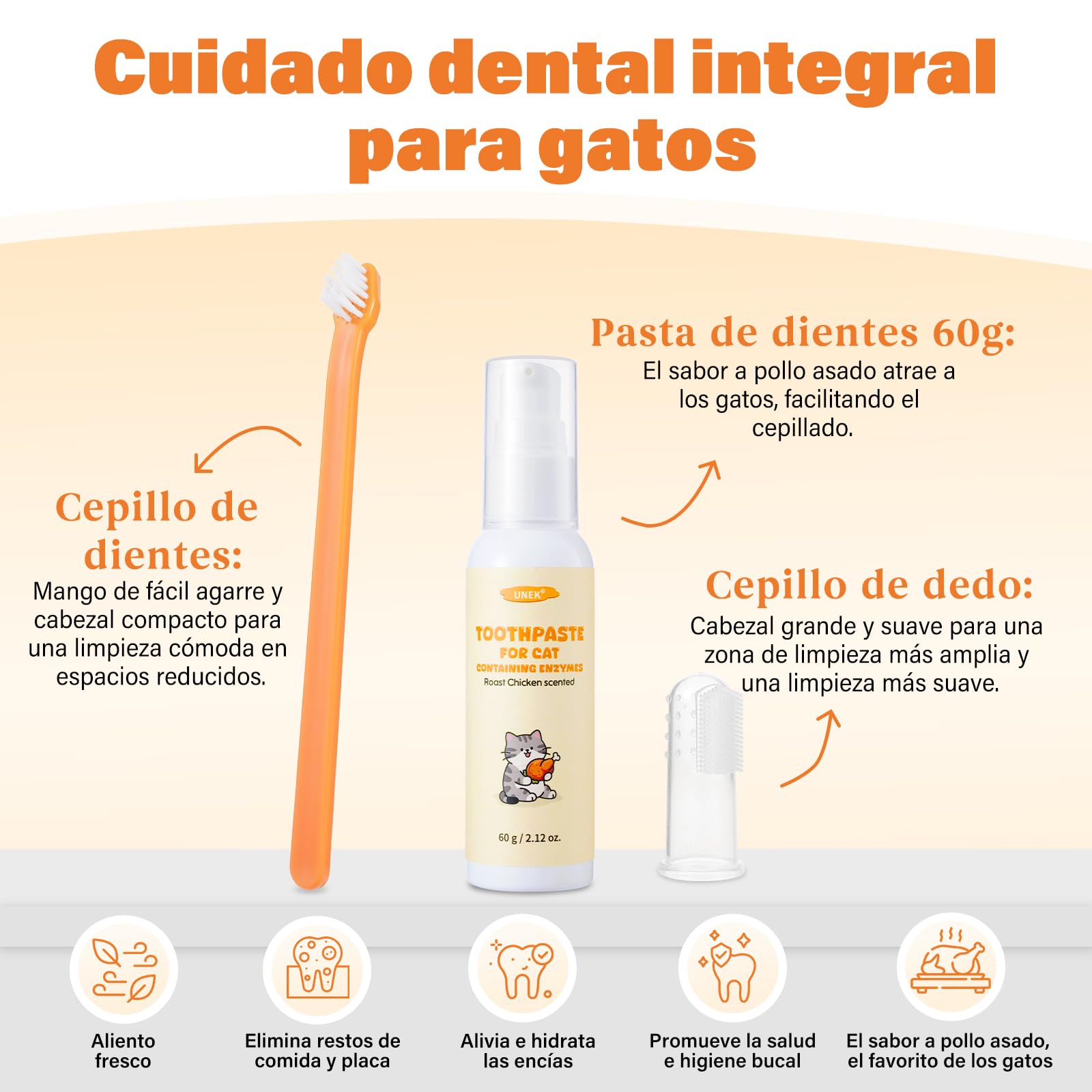 UNEK Kit de cuidado dental para gatos – Pasta de dientes enzimática 60 g sabor pollo frito, con cepillo de dientes y cepillo de dedo, ayuda a reducir placa y mal aliento