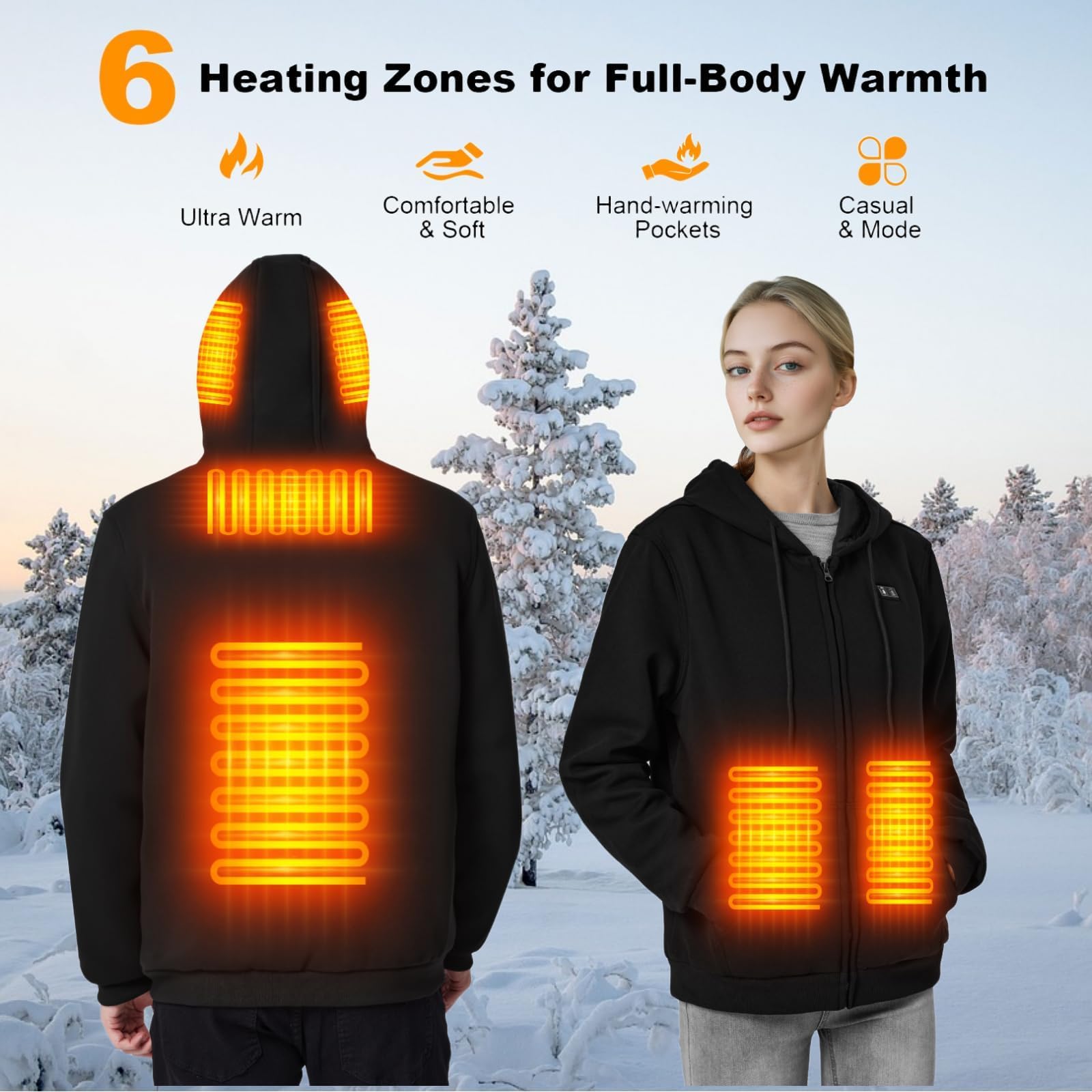 Sudadera Calefactable con Capucha para Hombre Mujer, Chaqueta Calefacción con Batería, 3 Niveles de Cálido, Calefacción con 6 Zonas, Abrigos