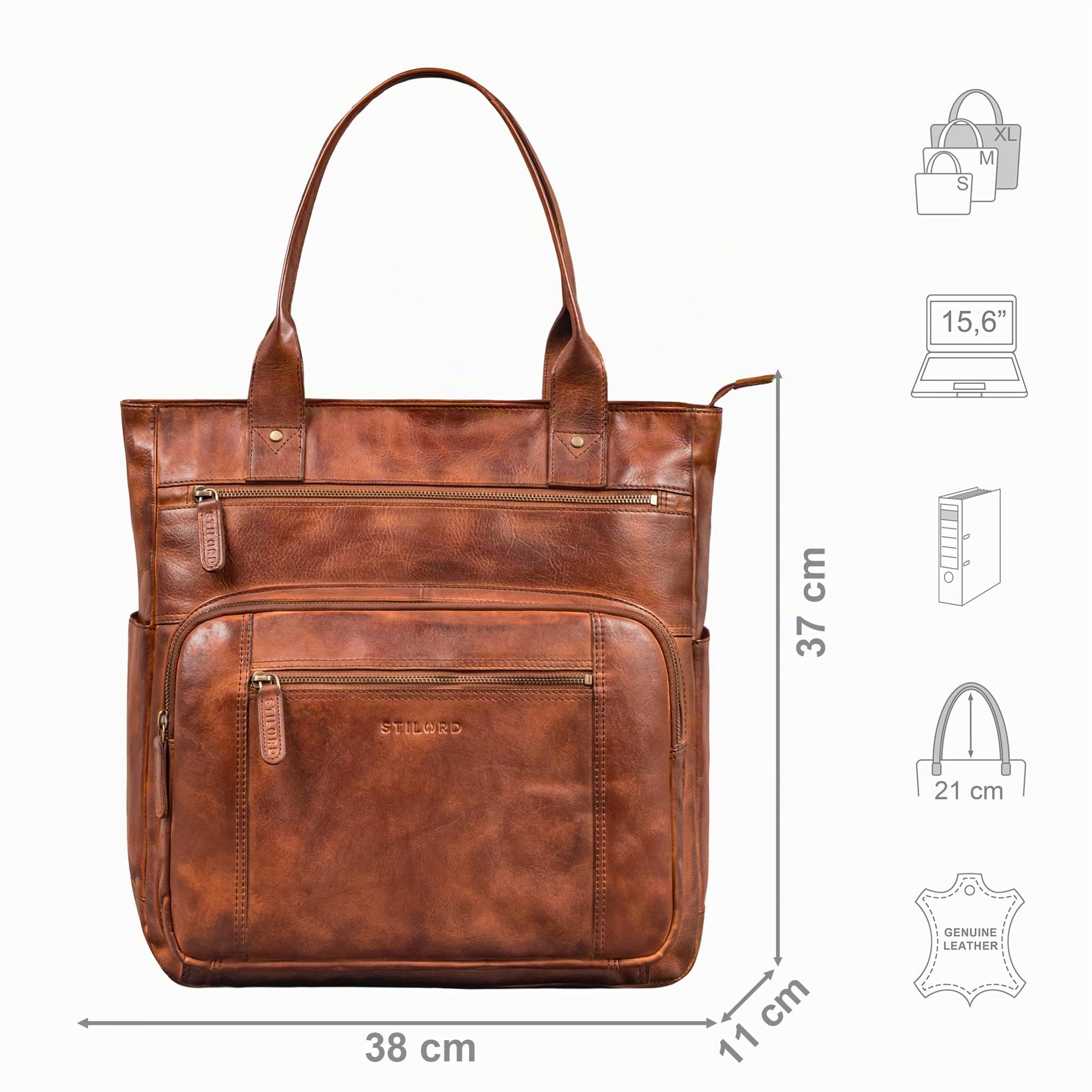 STILORD Bonnie Große Handtasche Damen Leder-Shopper mit vielen Fächern Laptop bis 15,6 Zoll Stylishe Umhängetasche für City Uni Büro Tote Bag Henkeltasche Echtleder Farbe:Brandy - Cognac
