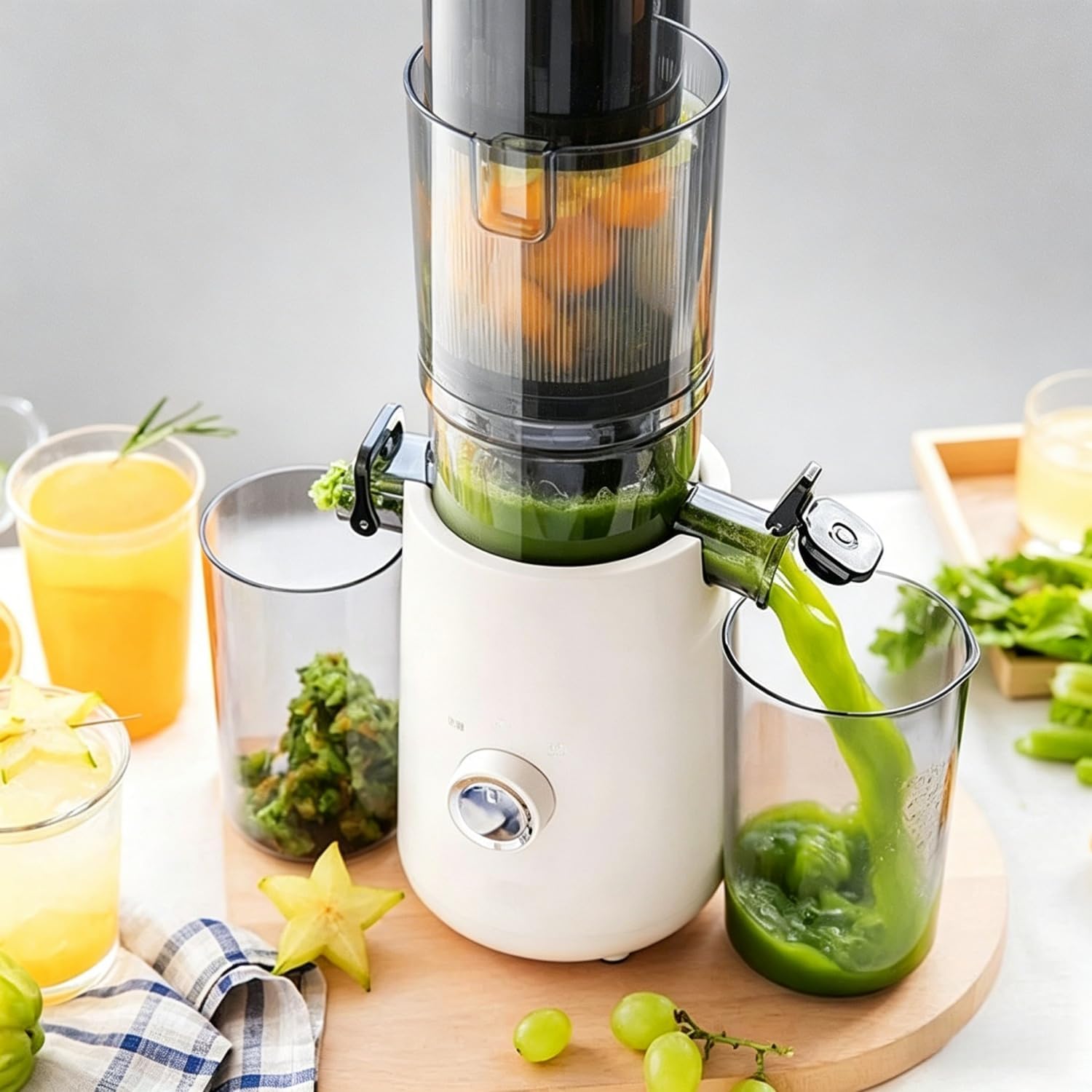 Wide-Mouth Slow Juicer for Whole Fruits, Cold Press Juicer Machine with Large Feed Chute, Slow Masticating Juicer for Fruits and Vegetables, Easy Clean, High Juice Yield Home Juicer (White)
