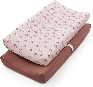 Muslin Changing Pad Cover for Baby Girls Boys, Cotton Natural Comfort Diaper Change Table Pad Covers, Ultra Soft Breathable Boho Changing Pad Sheets, 2Pack (Rainbow&Cedar)