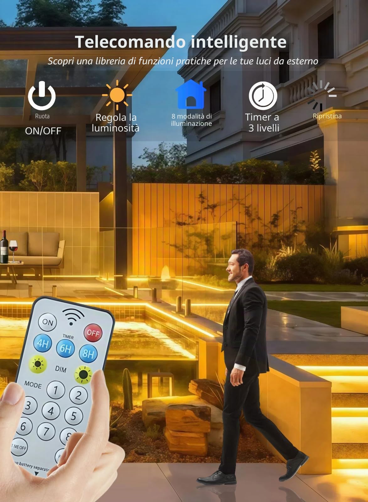 Gaoxun Striscia LED Solare da Esterno 15m, Flessibile Striscia Luci LED Solare per Esterni con Telecomando, Dimmerabile, 8 Modalità, 960 LED, IP68 Impermeabile, per Giardino, Patio, Bianco Caldo