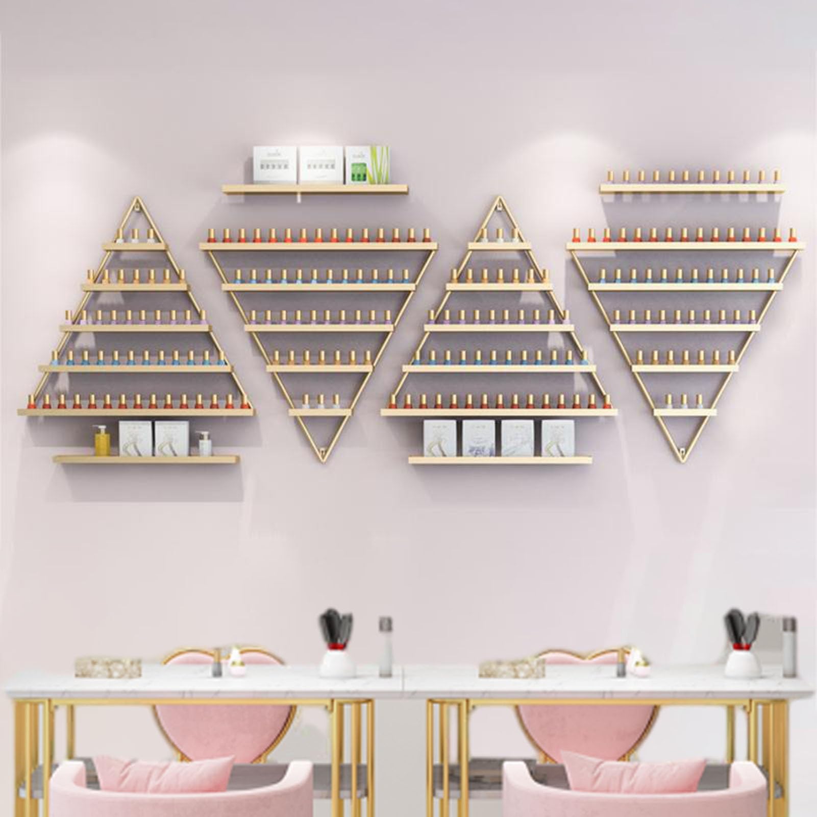 Supporto da Parete per Smalto Dorato, Organizer Triangolare in Metallo per Oli Essenziali, Porta Smalto, Versatile Porta Vernice per casa, Spa e Salone (Set a)