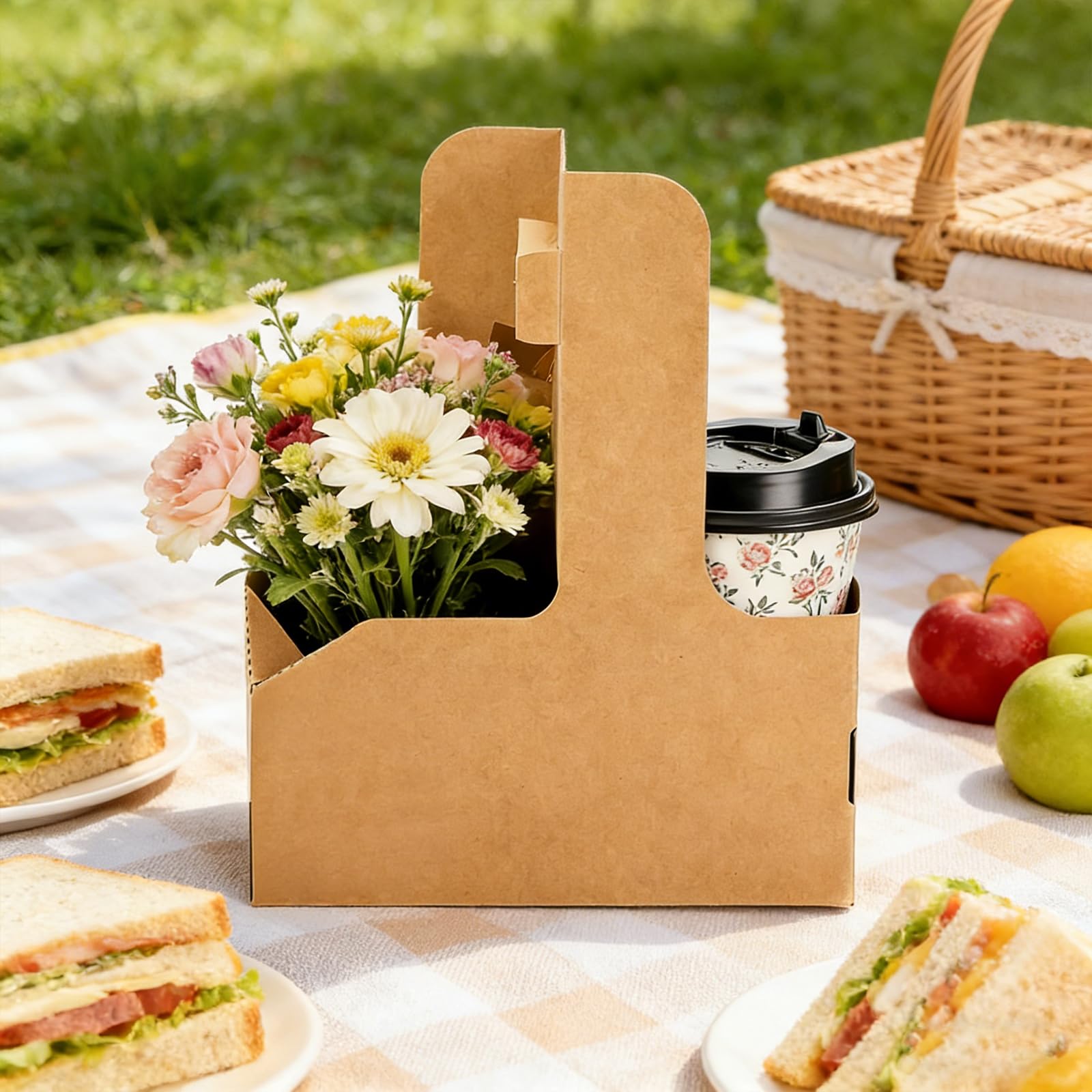 LAIAMER Lot de 50 porte-gobelets avec poignée, en carton kraft marron pour livraison, café, thé, cadeaux, fleurs, fêtes