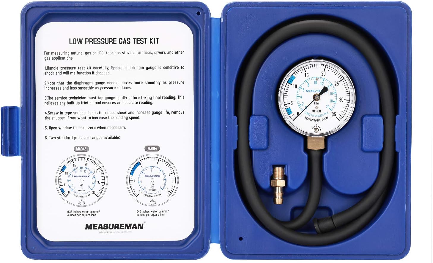 Natural Gas or LP Gas Manifold Pressure Test Kit, 0-35 "W.C., 1/4" NPT, 40" Length Hose