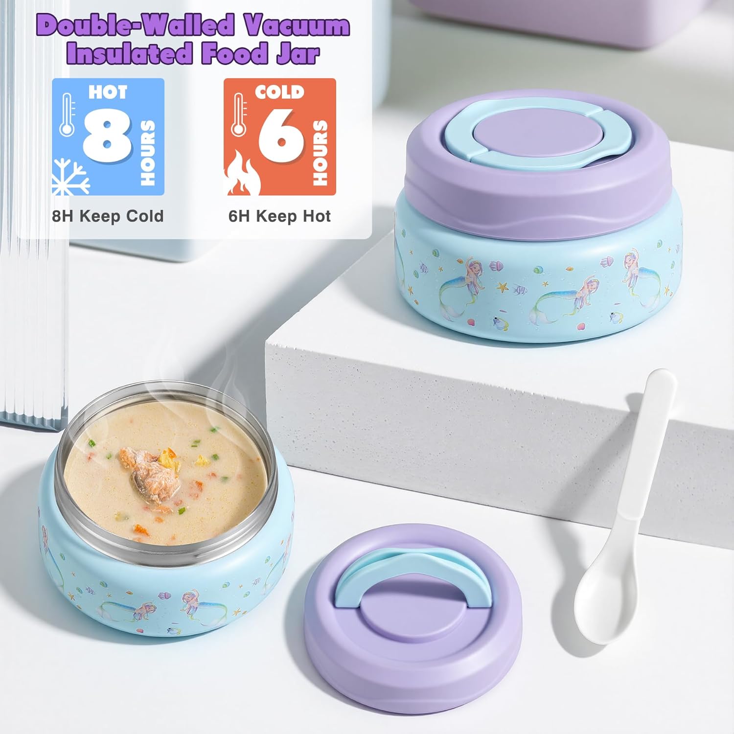 Bento Lunch Box for Kids with 7oz Soup Thermo,Insulated Stainless Steel Kids Water Bottle with Straw and Insulated Lunch Bag,Leak-Proof Lunch Food Container with Ice Pack for School(Purple-Mermaid)