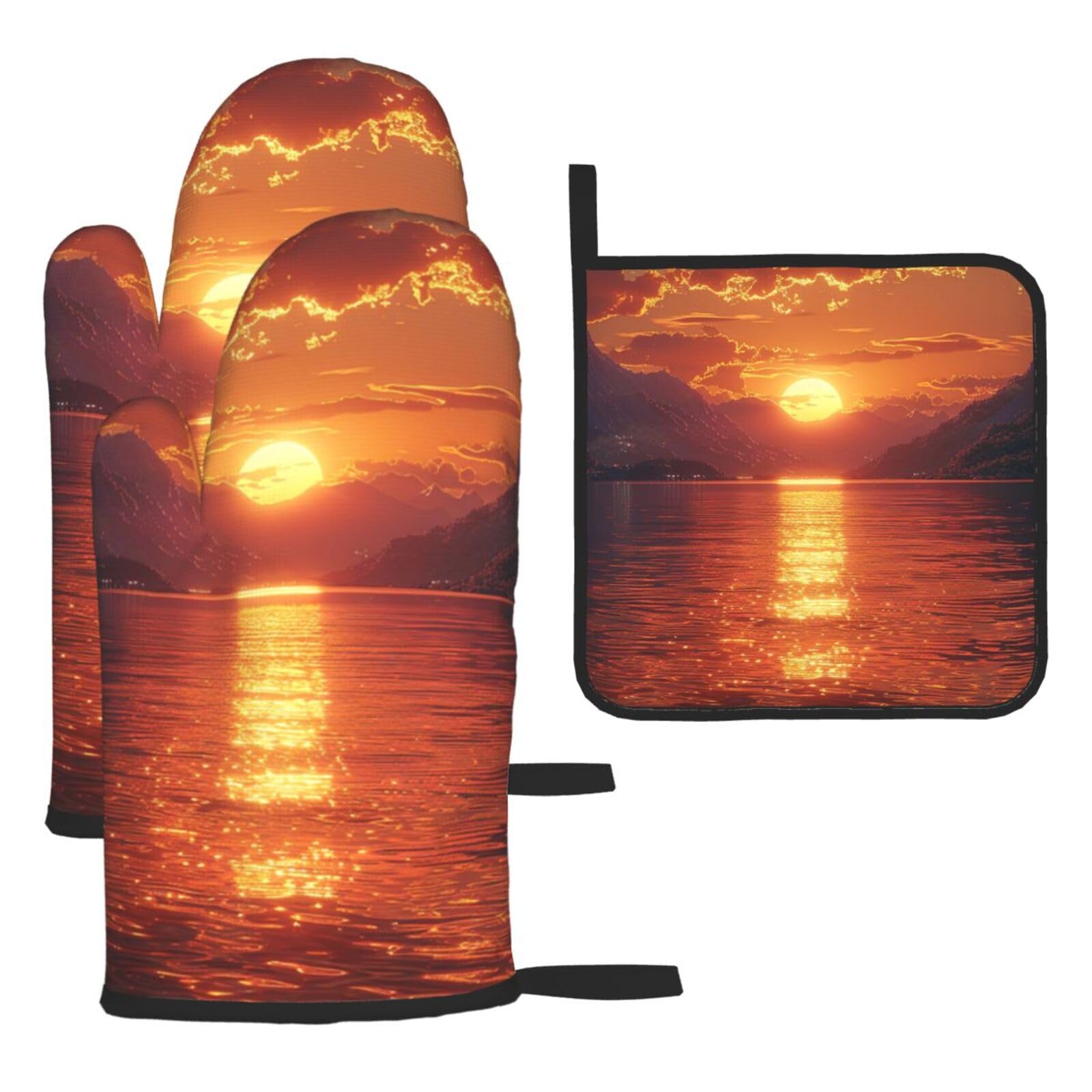Oven Mitts and Pot Holders Set of 3 Heat Resistant Non-Slip Kitchen Gloves Hot Pads Mountain and Water at Sunset Mittens Gloves Non-Slip Potholders for Cooking Baking Grilling BBQ