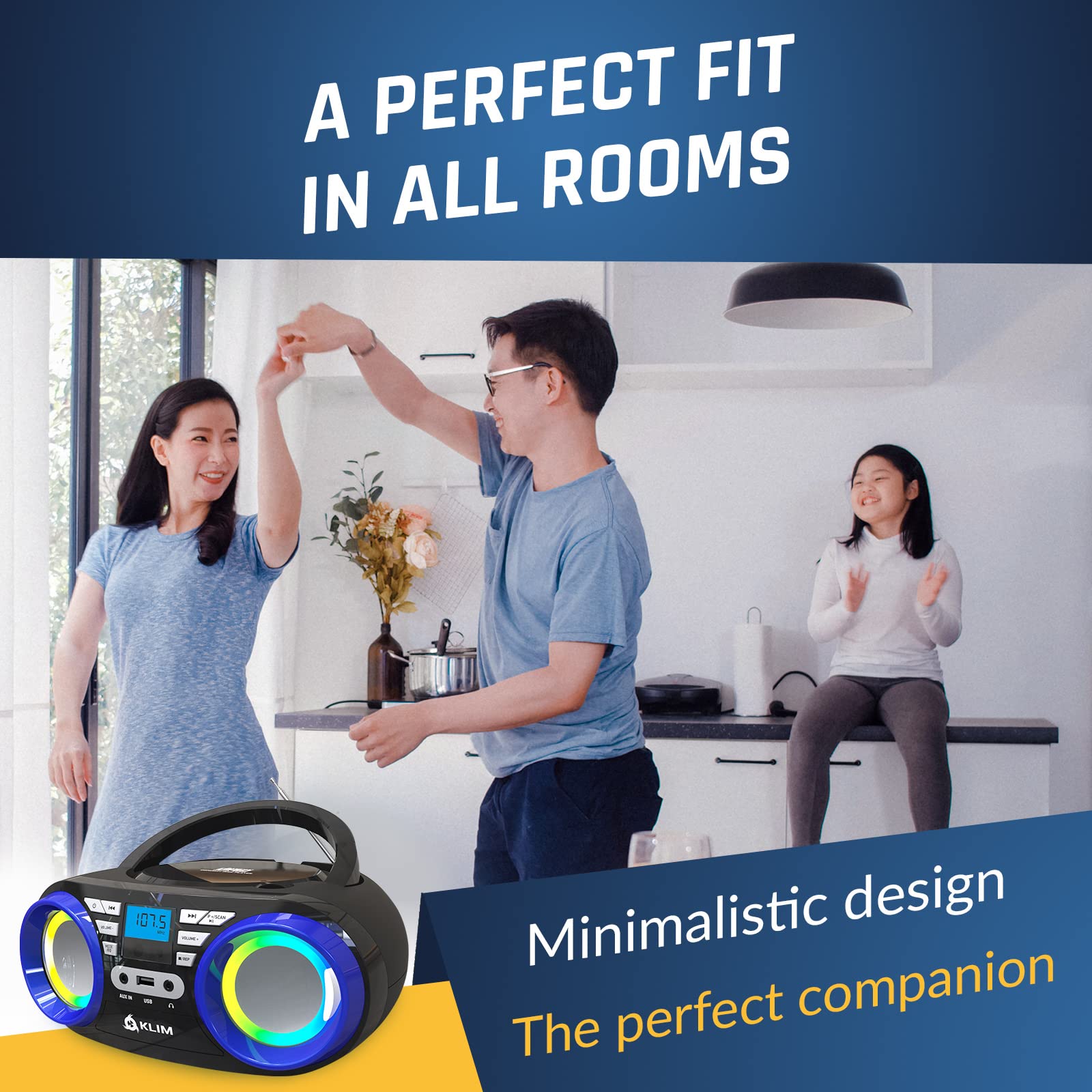 KLIM Boombox B3 przenośny odtwarzacz CD – Nowość 2024 – radio FM, CD, Bluetooth, USB, MP3, Boombox CD, tryb przewodowy i bezprzewodowy z bateriami do ładowania, obiektyw laserowy, przenośny odtwarzacz