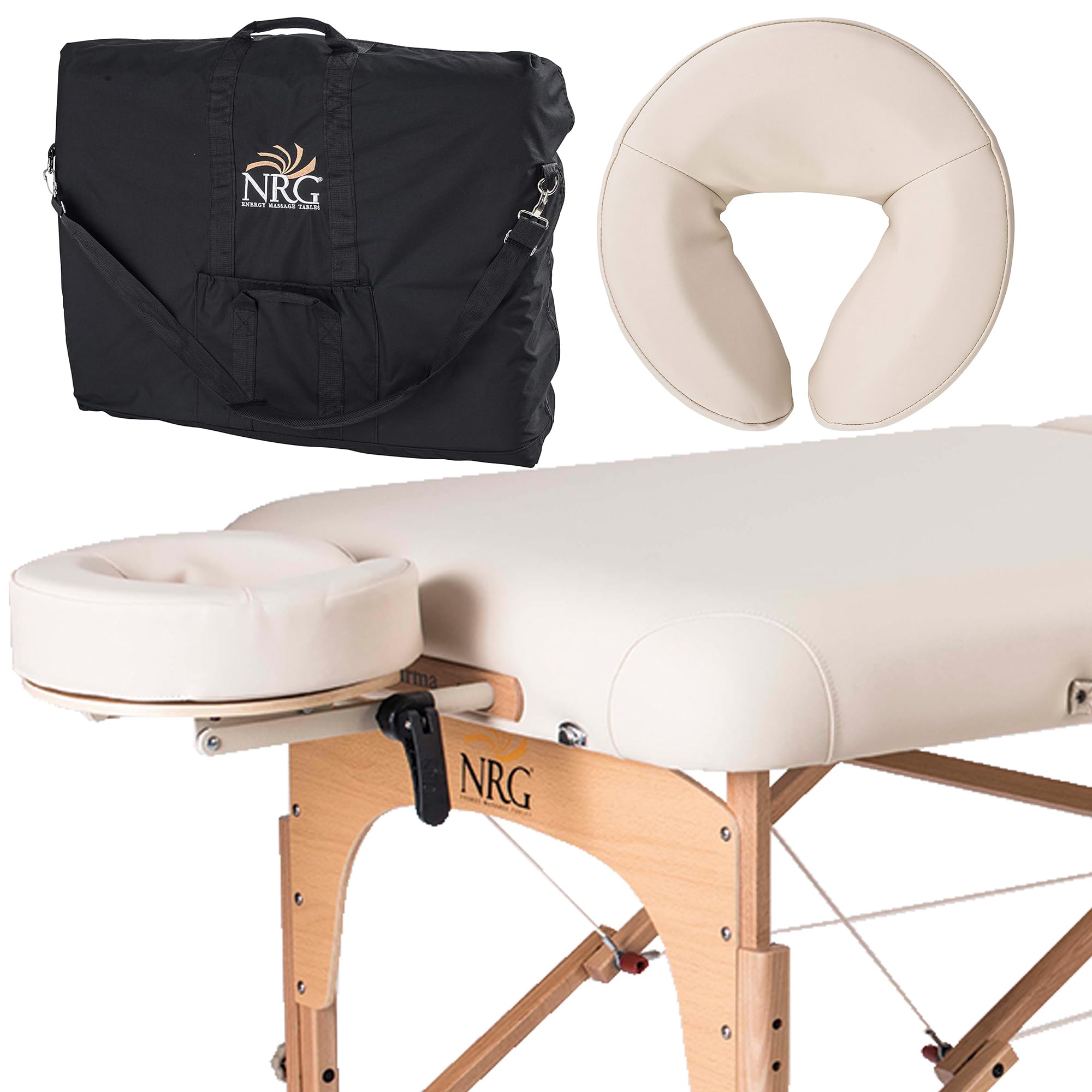 NRG Karma Portable Massage Table Package | Vanilla Cream | Folding Lightweight Massage Bed | Professional Spa Table with Face Cradle, Double Wheel