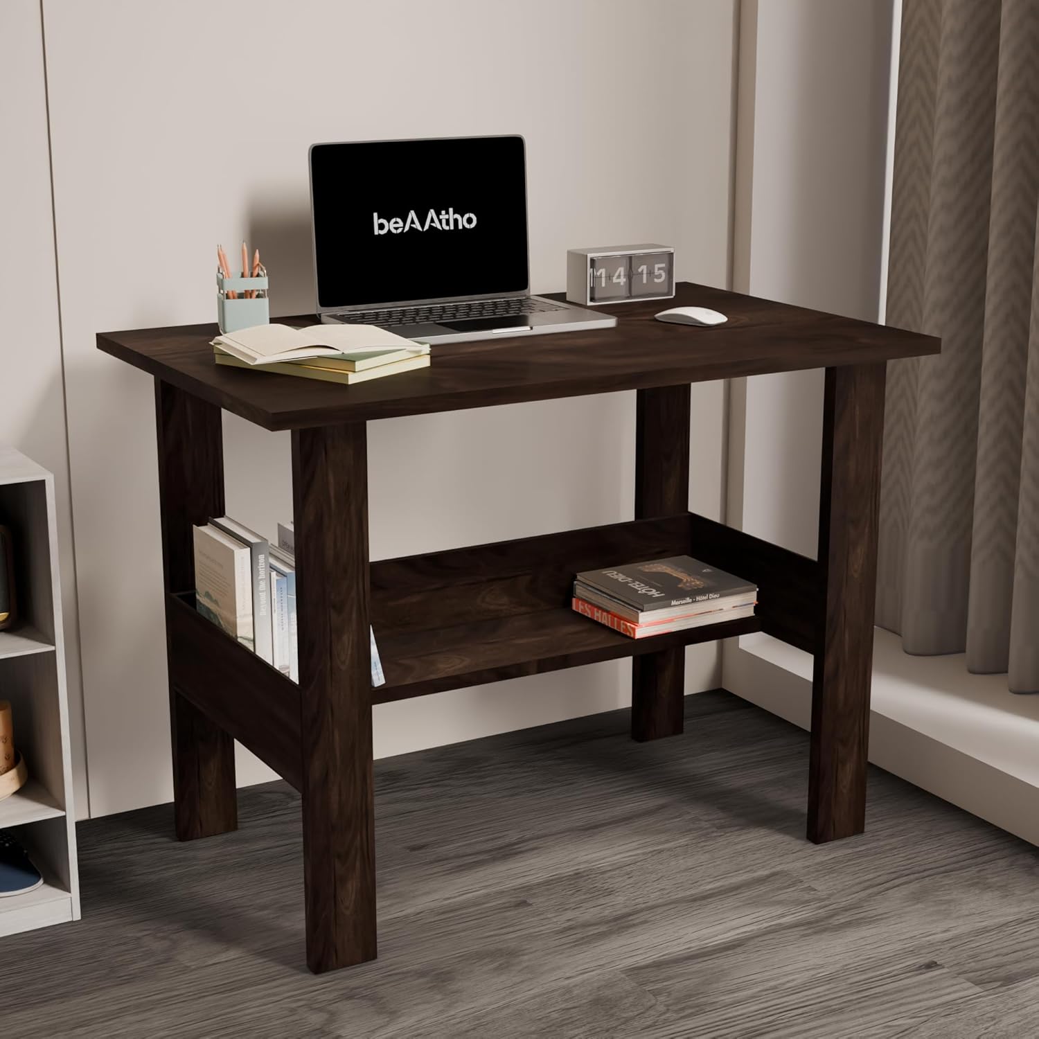 beAAtho Spectrum Desk – Multipurpose Workstation for Home, Office, or Study, Engineered Wood with Large Spacious Top, Open Shelf Storage, Durable & Tested for Strength, Easy to Assemble.(Brown)(DIY) beAAtho Spectrum Desk – Multipurpose Workstation for Home, Office, or Study, Engineered Wood with Large Spacious Top, Open Shelf Storage, Durable & Tested for Strength, Easy to Assemble.(Brown)(DIY)