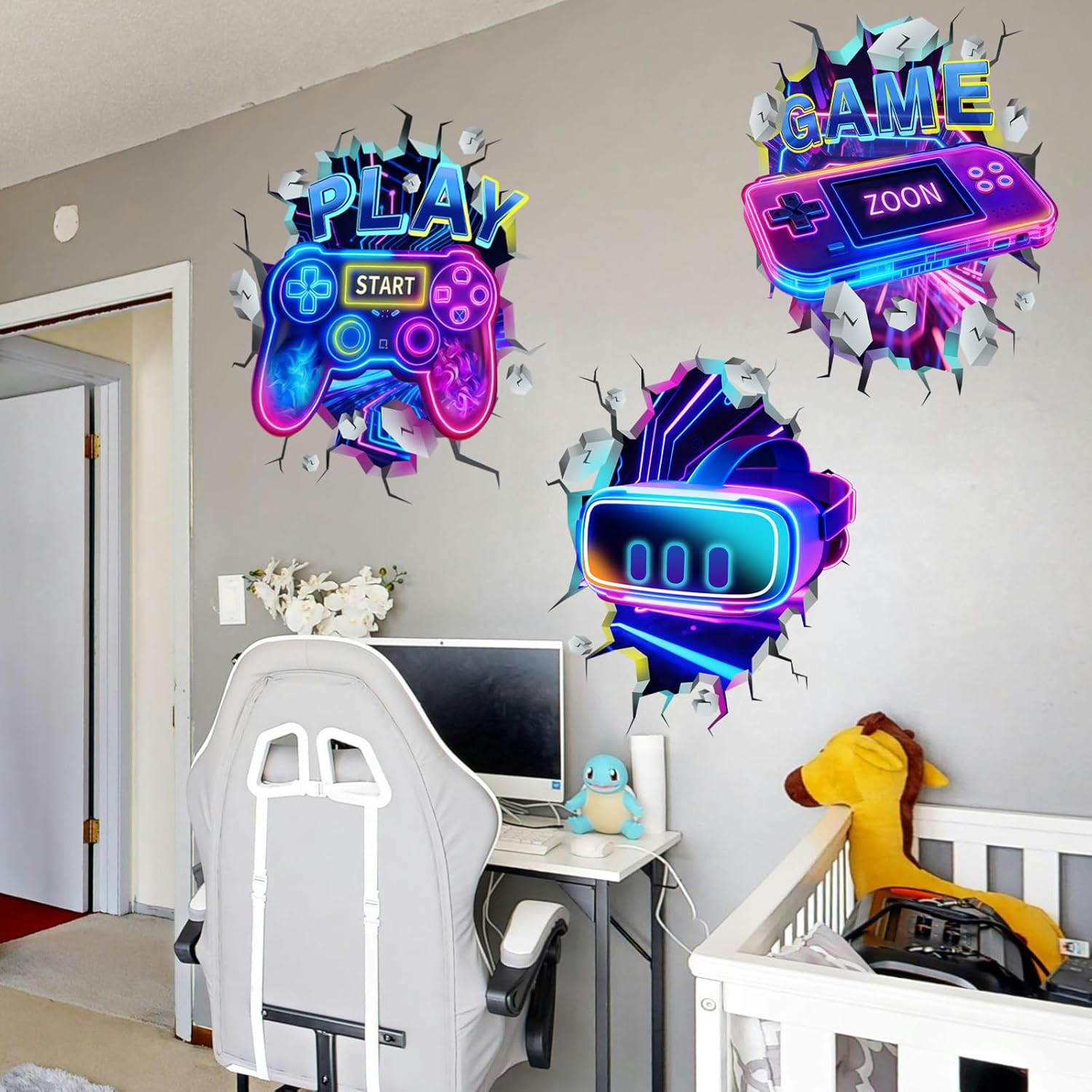 3D Game Room Decor Gaming Room Wall Decals Colorful Gamer Controller Video Gaming Joystick Stickers Boy Bedroom Teenagers Playroom Decor (3D Game 3-Piece)
