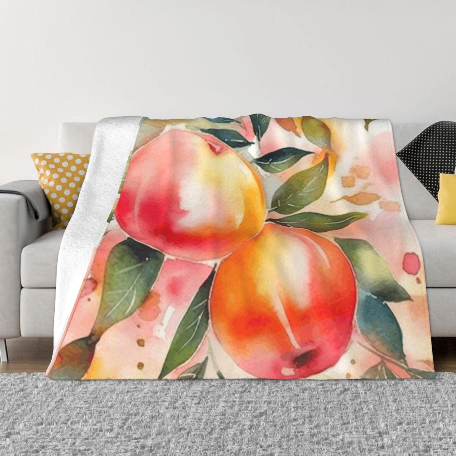 Colorful Peach Watercolor Design Throw Blanket 50"x40" Flannel Fluffy Warm Blanket for Couch, Reversible Plush Blankets for Bed, Comfy Fuzzy Blanket for Sofa, Plush Lightweight-Blankets for All Season