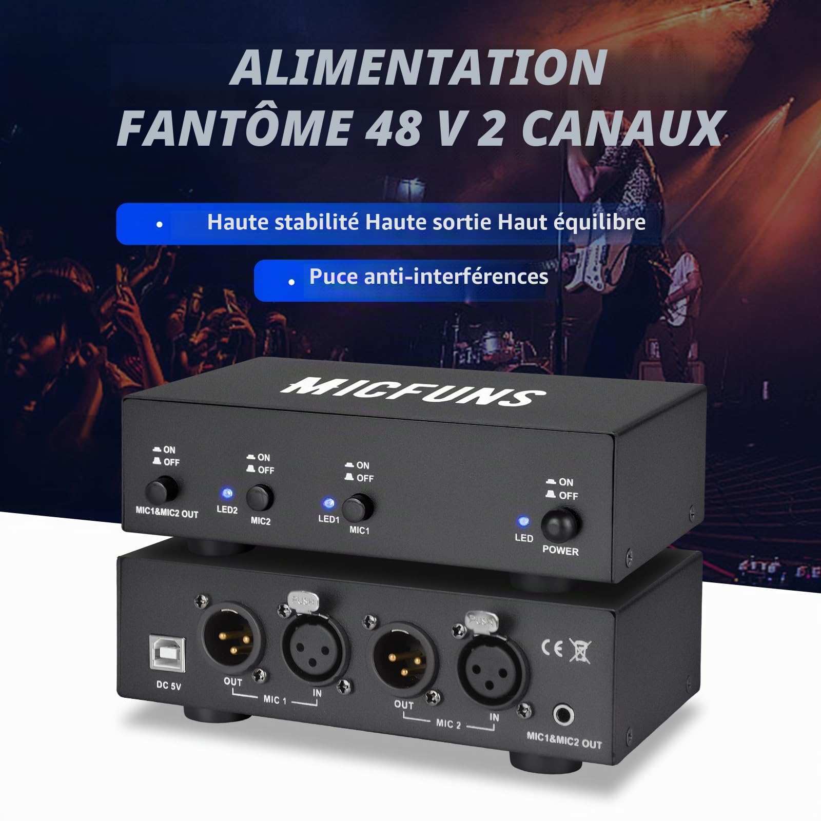 MC2 Alimentation fantôme 2 canaux 48 V avec câble audio 3,5 mm pour connecter une interface audio pour microphones à condensateur et appareils d'enregistrement de musique (2 canaux)