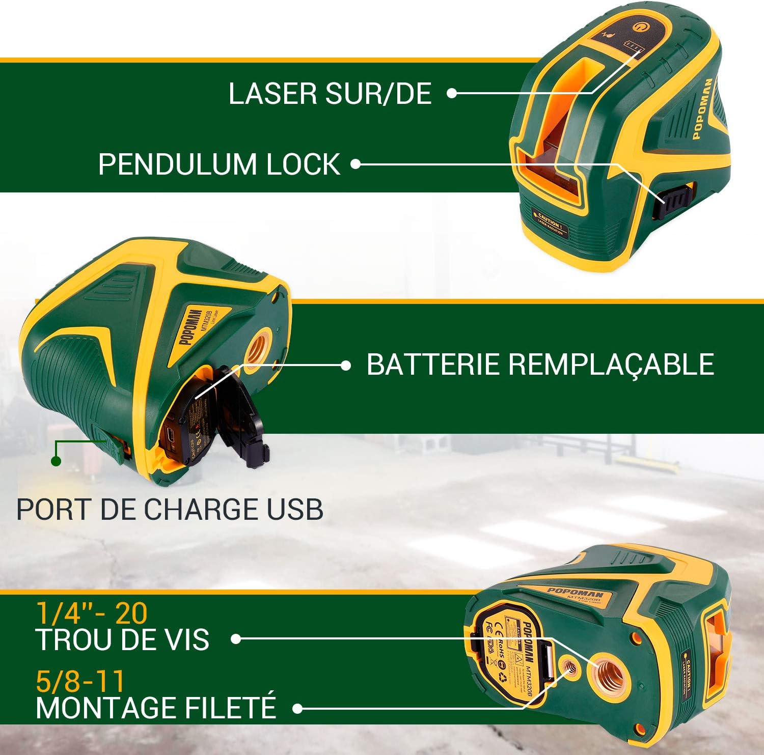 Detaliat view of POPOMAN MTM320B laser level showing pendulum lock, replaceable battery, and USB charging port