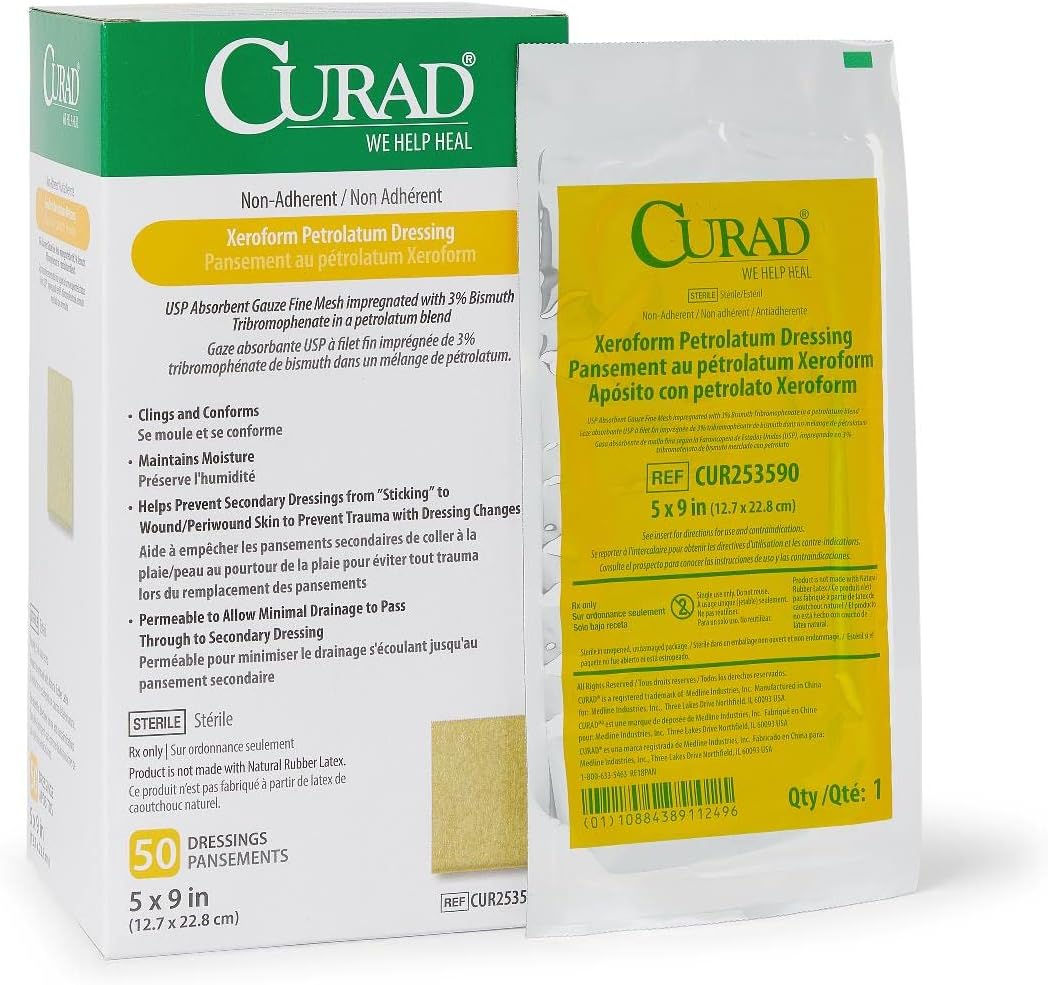 Medline CURAD Xeroform Petrolatum Gauze Dressings, Nonadherent, Sterile, 1 Inch x 8 Inches, 3% Bismuth Tribromophenate, Case of 200 Each