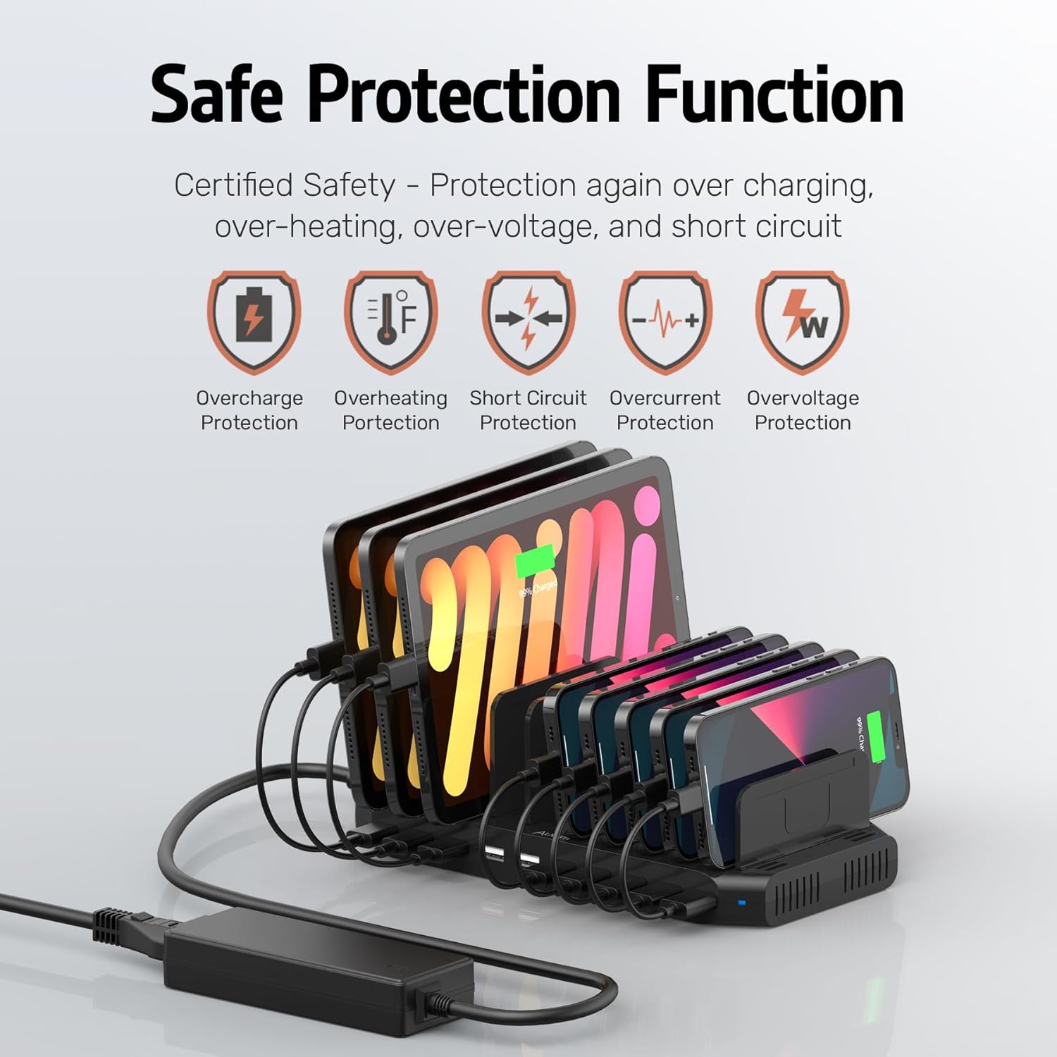 Diagram illustrating safety protection functions: Overcharge, Overheating, Short Circuit, Overcurrent, Overvoltage Zaštita.