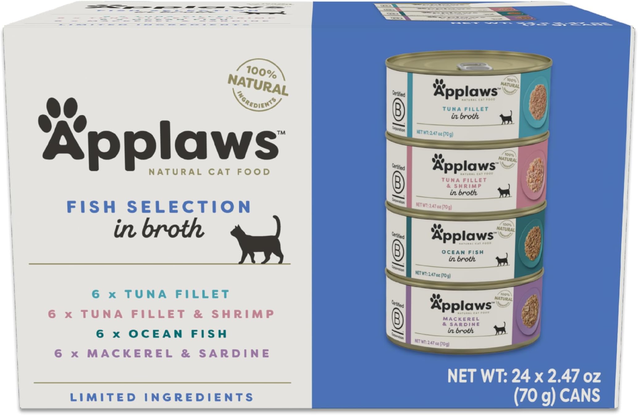 Natural Wet Canned Cat Food, Limited and Natural Ingredients, High Protein with No Artificial Additives, Fish Selection Variety Pack in Broth (24 x 2.47oz Cans)