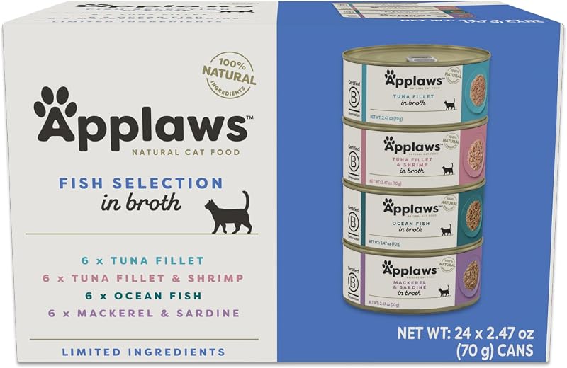 Ração úmida complementar para gatos Applaws com peixes em caldo, sabores variados, 24 latas de 70 g