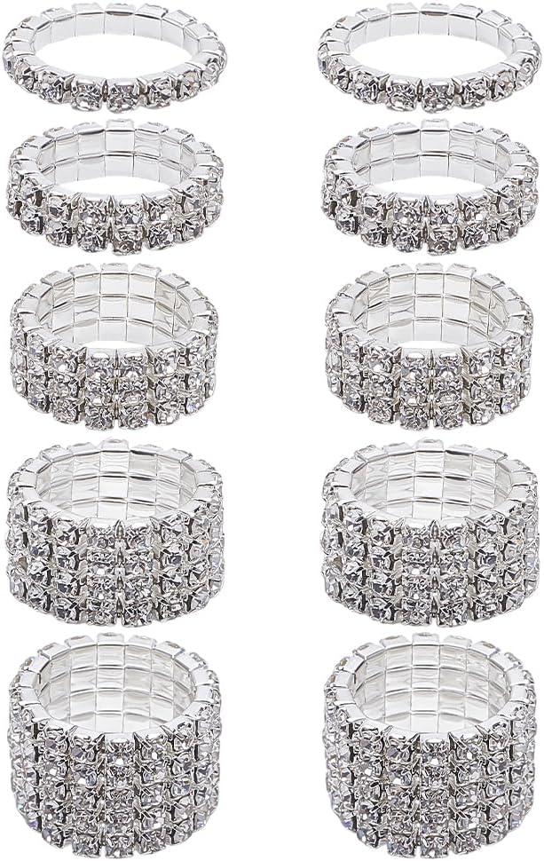 10Pcs 5 Styles Rhinestone Rings Alloy Adjustable Rhinestone Finger Rings Silver Elastic Ring Fashion Crystal Stackable Stretch Ring Accessories Jewelry Gift for Women