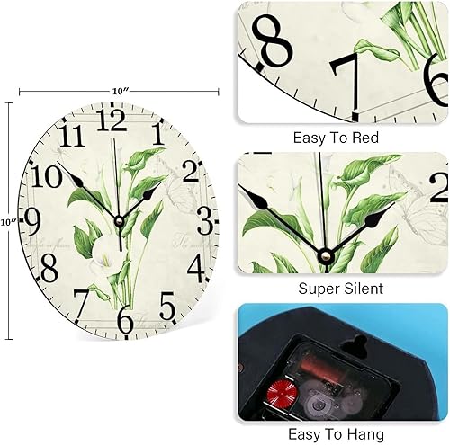 Miniatura 6 de Reloj de pared de madera silencioso sin tictac, funciona con pilas, 10 pulgadas, retro, de araña, mariposa, flor, acuarela, madera, para el hogar,