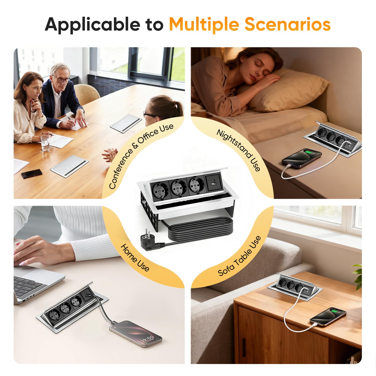 Tira de alimentación retráctil 5 en 1 con 3 compartimentos, 1 USB-C y 1 USB-A PD de 10 W, conector de aluminio integrado para mesa, zócalo retráctil, enchufe de mesa con cable de 1,8 m para cocina
