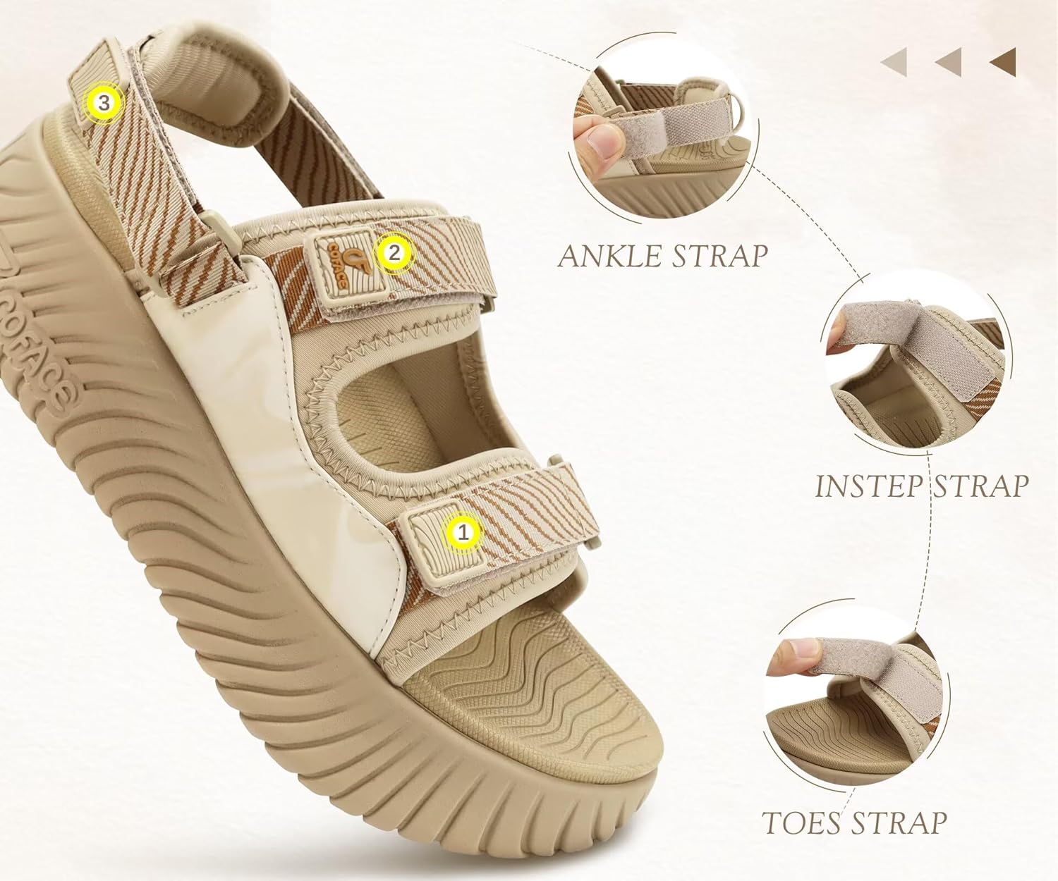 COFACE Womens Orthopedic Walking Sandals with Comfortable Plantar Fasciitis Arch Support Outdoor Athletic Lightweight Platform Sandles Sport Recovery Adjustable Strap Thick Cushion Slides - Image 6