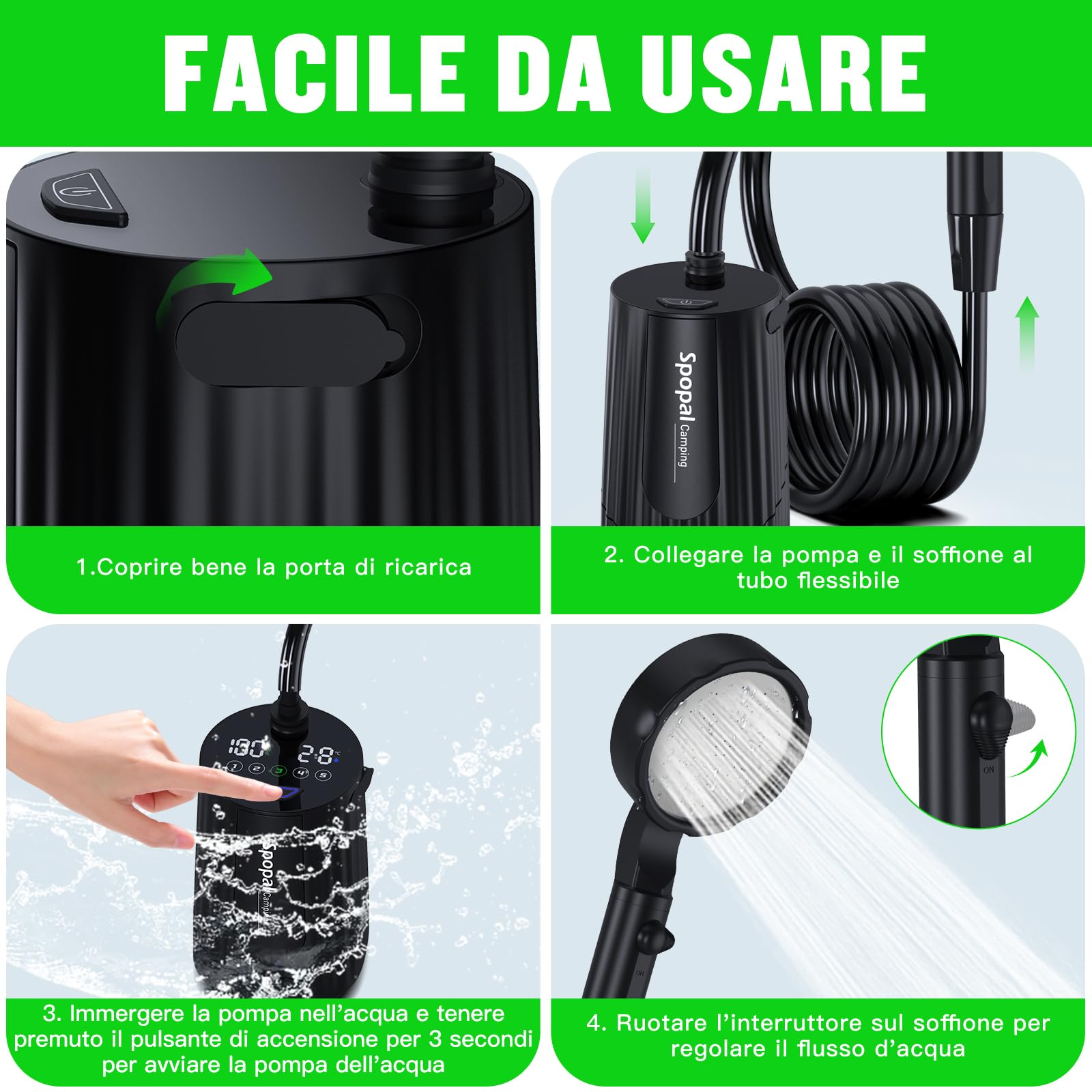 Doccia Portatile, [10000mAh - con 20L Secchio Pieghevole] Doccia da Campeggio, Doccia Campeggio con Display di Potenza, Doccia Ricaricabile Esterna per Spiaggia Giardino Animali, Escursioni, Auto