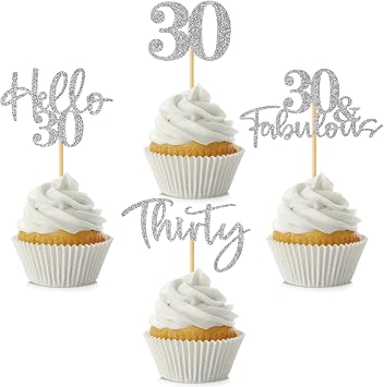 48Pcs 30th Birthday Cupcake Toppers Glitter Hello 30 Cupcake Topper 30 Fabulous Thirty Cupcake Picks for Happy 30th Birthday Wedding Anniversary Party Cake Decorations Supplies, Silver