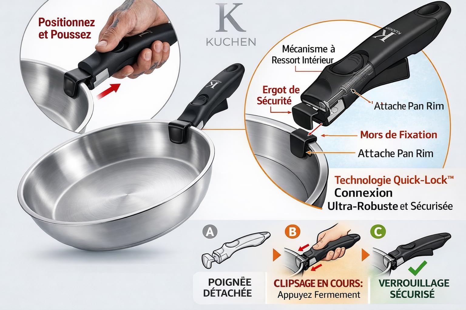 Set di 3 padelle in acciaio inox di alta qualità – induzione e forno, manico rimovibile, cucina sana, 20/24/28 cm
