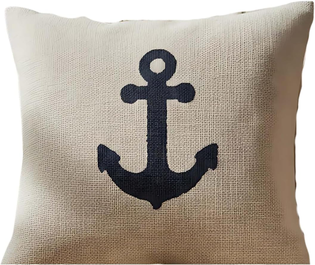 Boho Punch Decorative Pillow Cover | Textured Throw Cushion Case for Couch, Sofa & Bed | Handmade Style Home Decor for Living Room, Fall & Christmas (Navy Anchor, 16.9 × 16.9 inches)