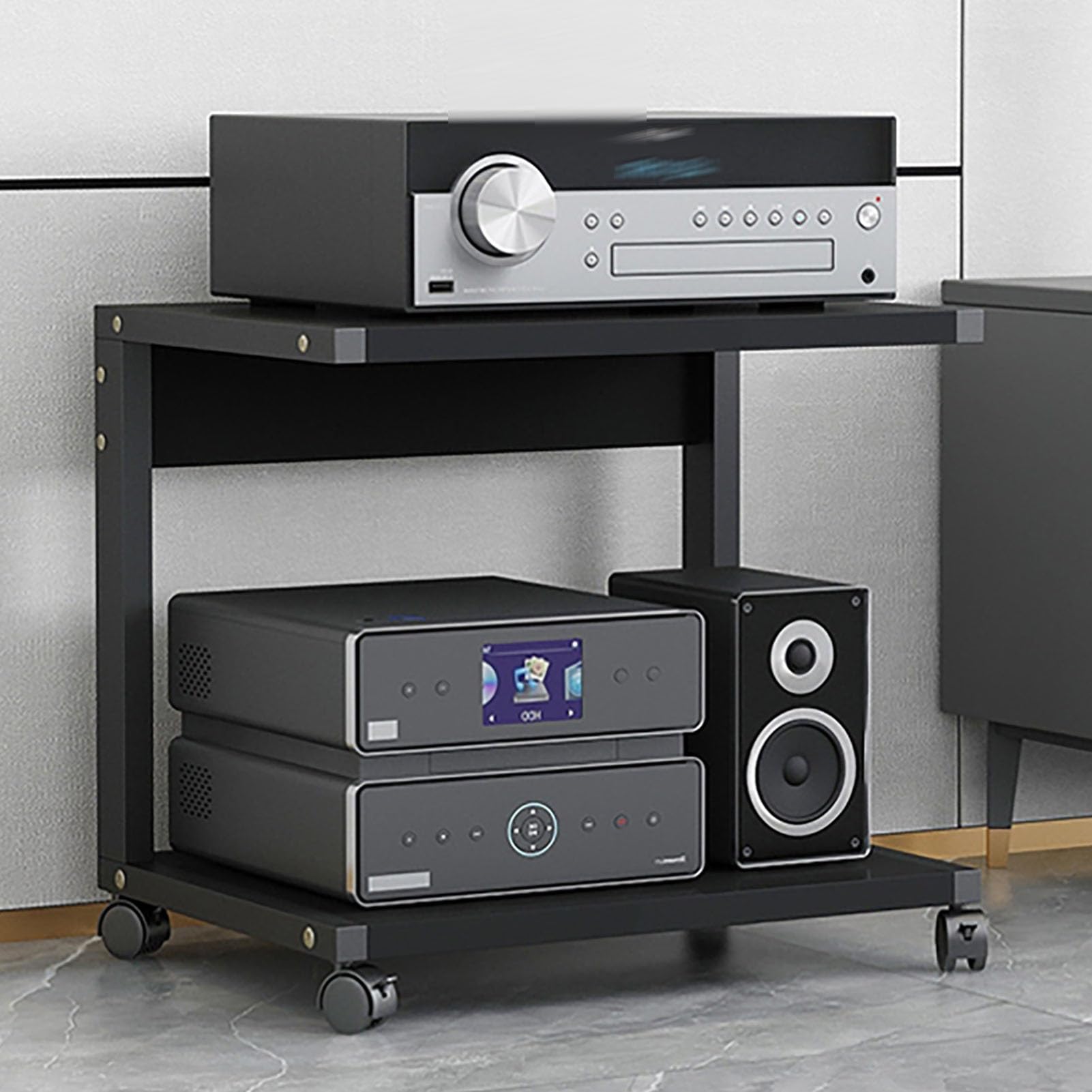 Nowoczesny stojak Hi-Fi z 2 półkami, stojak AV z kółkami, konsola TV, solidna konstrukcja, czarny, 50 x 55 cm / 19.6x21.6in, idealny do domowej konfiguracji audio