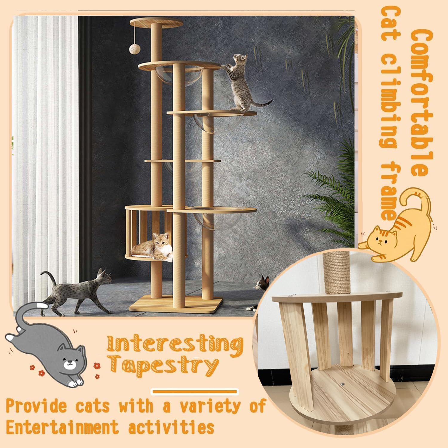 Mdpetpops Árbol rascador para Gatos de 183 cm, Grande, con 4 cápsulas, Yute, Columna rascadora, Escalera, Cueva, Juguete para Gatos, Color Madera YN-105