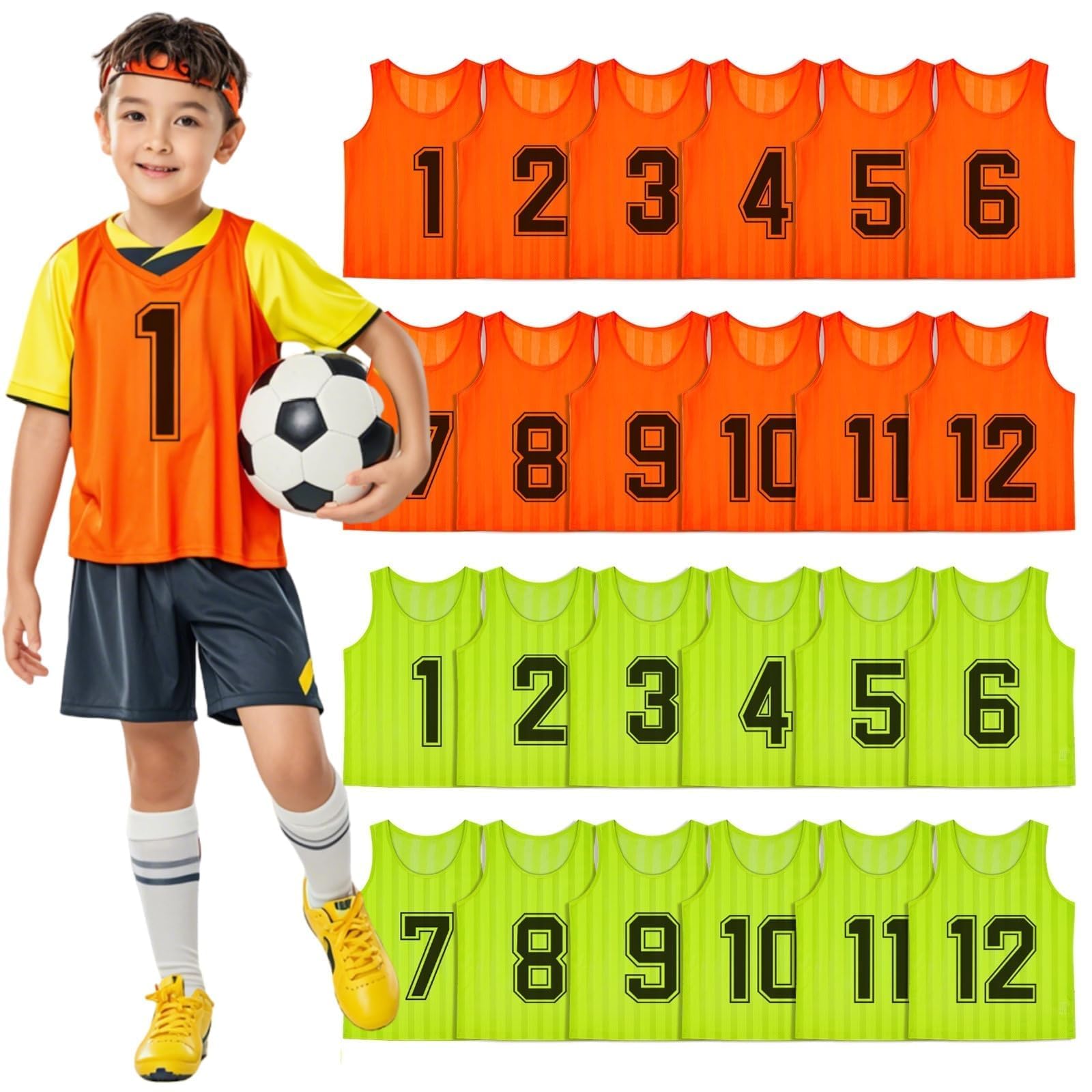 Lot de 24 Chasubles Enfant Numérotées – Gilets d’Entraînement en Maille pour Équipe Sportive, Maillots de Football Enfants pour Matchs, Basketball, Volleyball, Jeux Collectifs – Orange & Vert