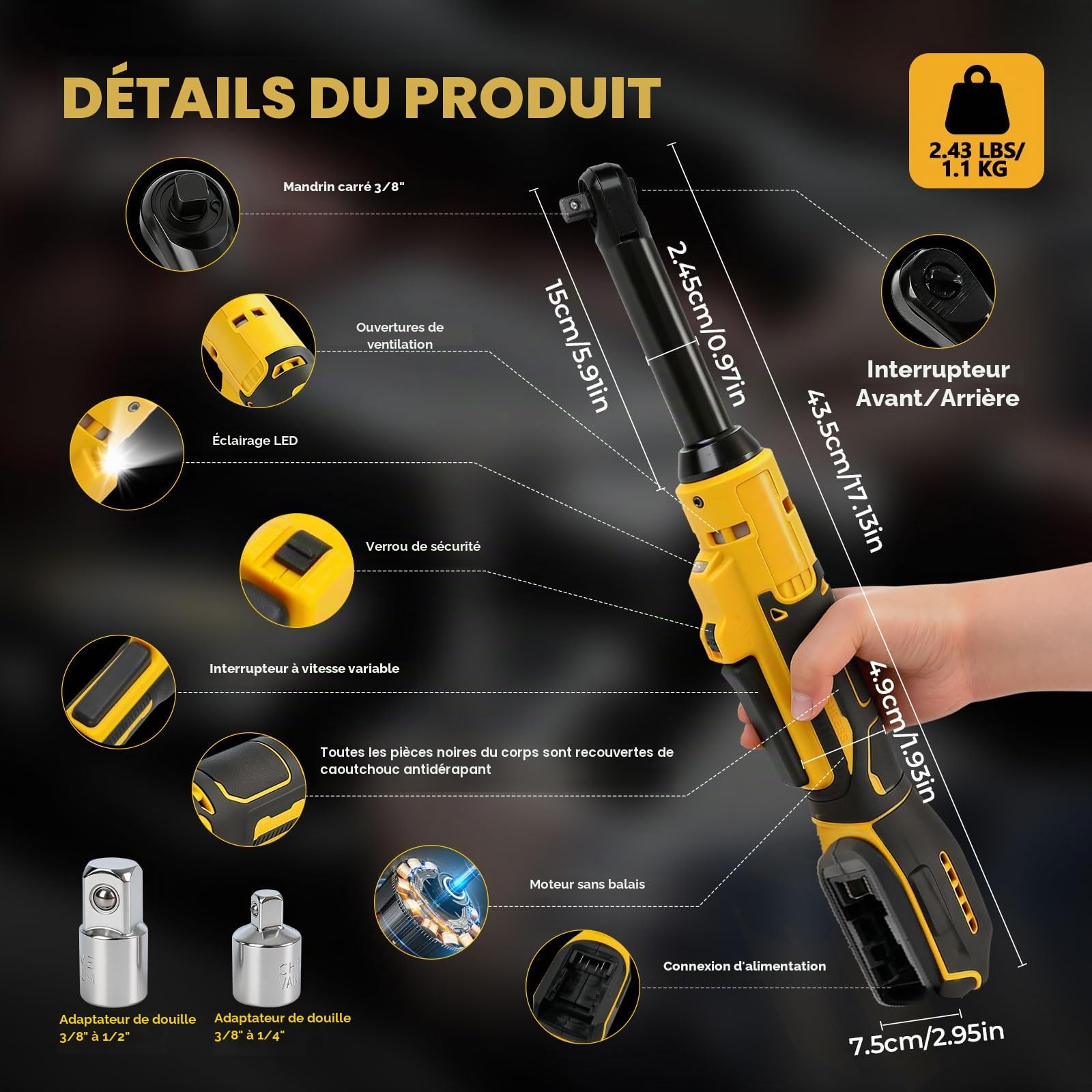 Clé à cliquet sans fil pour Dewalt 18 V 20 V, 3/8" (3/8") - Entraînement électrique à tige de 16 cm de long - Avec lumière LED - 300 tr/min - 80 Nm - Pas de batterie