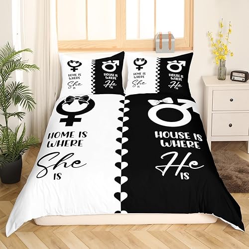 Miniatura 3 de Funda de edredón de matrimonio para parejas, funda de edredón de corazones amorosos, tamaño King, Home Is Where She Is House Is Where He Is, juego
