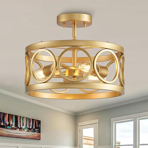 Miniatura 9 de Lámpara de techo de granja, lámpara de techo redonda de tambor moderna semiempotrada para cocina, dormitorio, comedor, sala de estar, candelabros