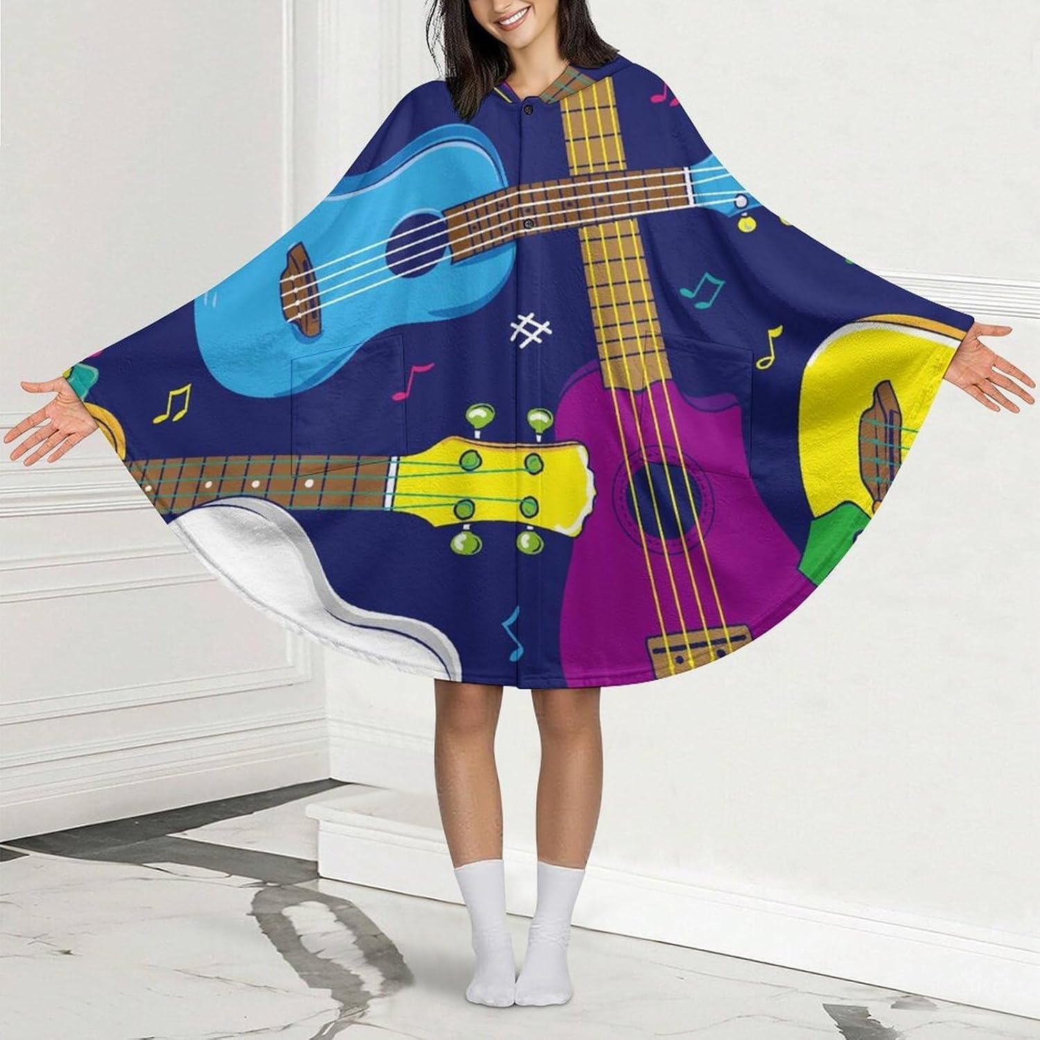 Hawaiian Beginner Ukulele Wearable Blanket with Hooded Flannel Blankets Cape with Pocket