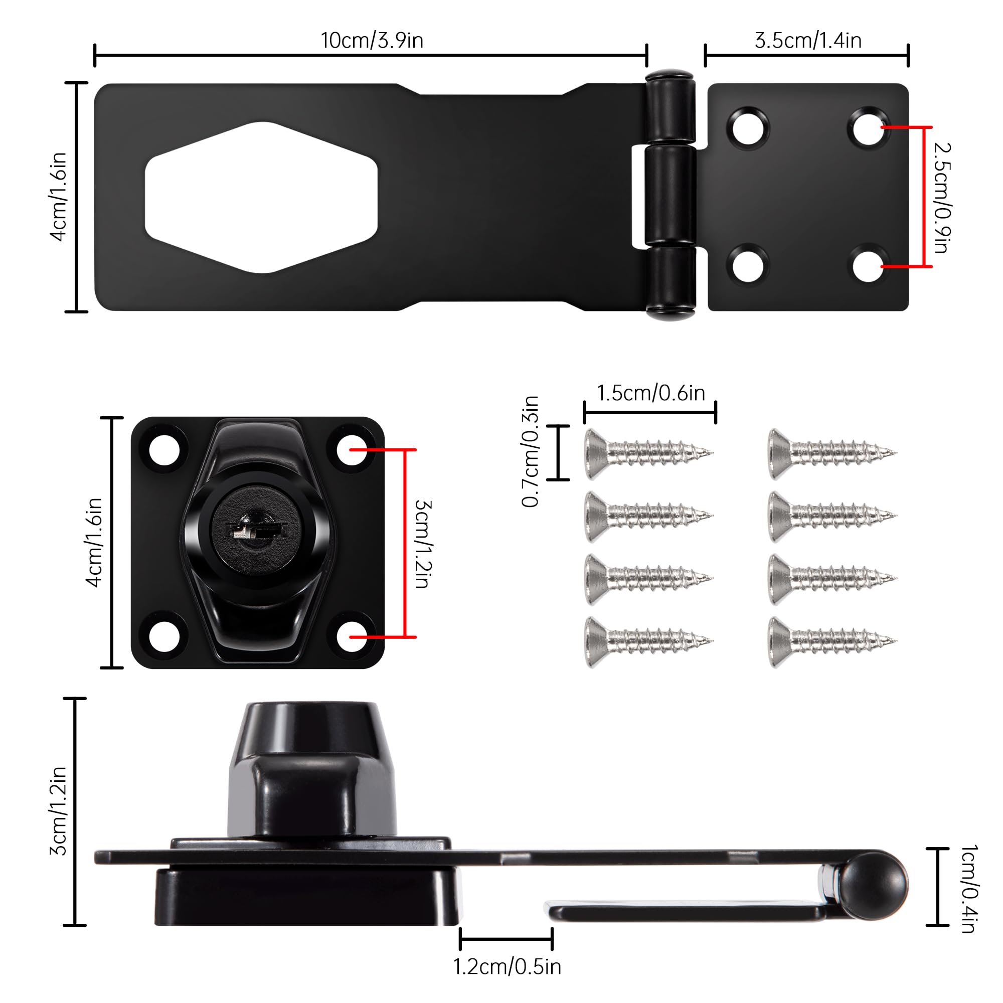 Hasp Serratura in Metallo 2 Pezzi, Lucchetto in Acciaio Inox Chiavistello con Viti e Chiavi, per Porta Armadietti Cassetti Cancelli e Mobili (Nero)