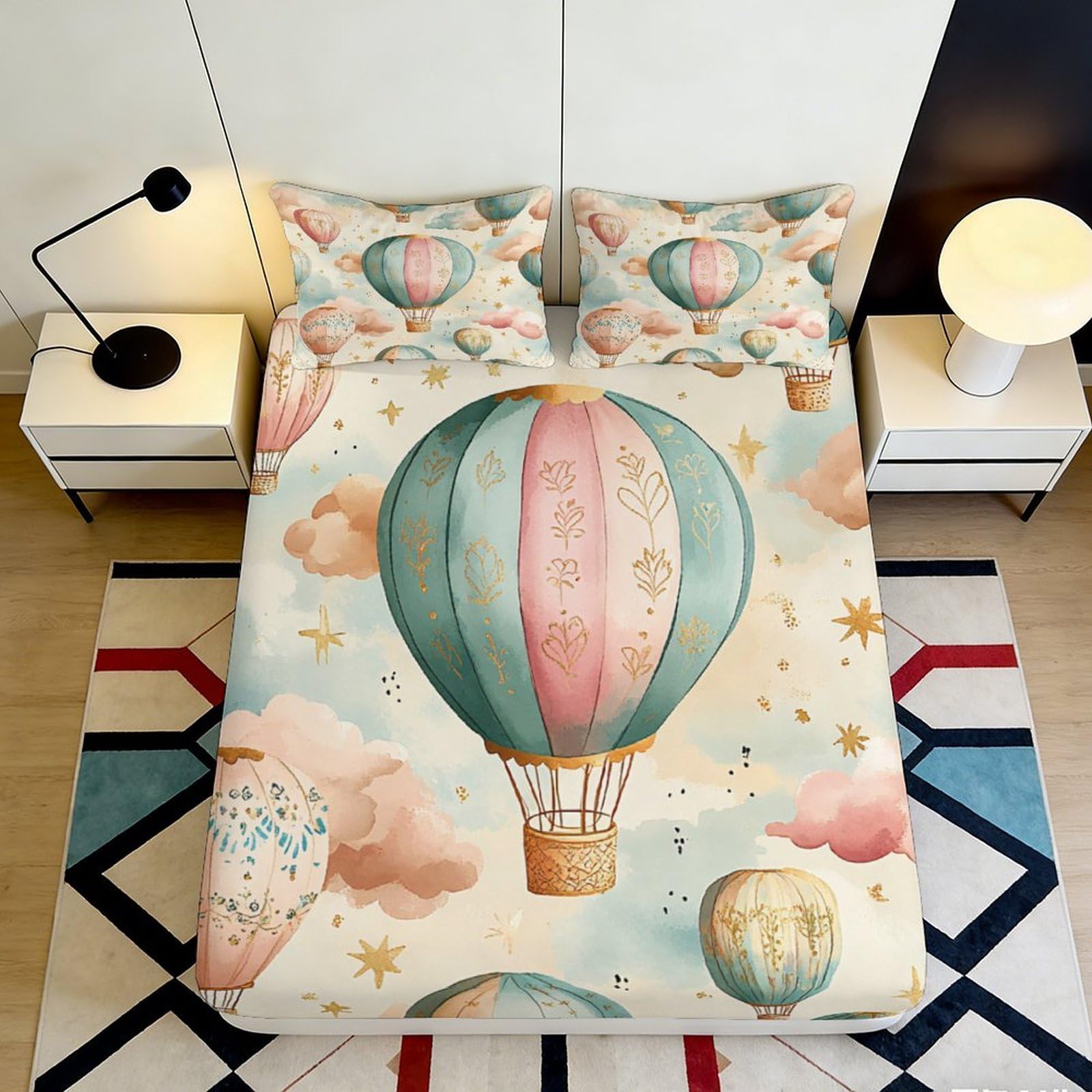 3D Printed Hot Air Balloon Fitted Sheet Microfiber Soft Breathable Sky Pattern Bed Cover for Bedroom Dormitory Guest Room Mattress Protection Decor 120x200x25cm