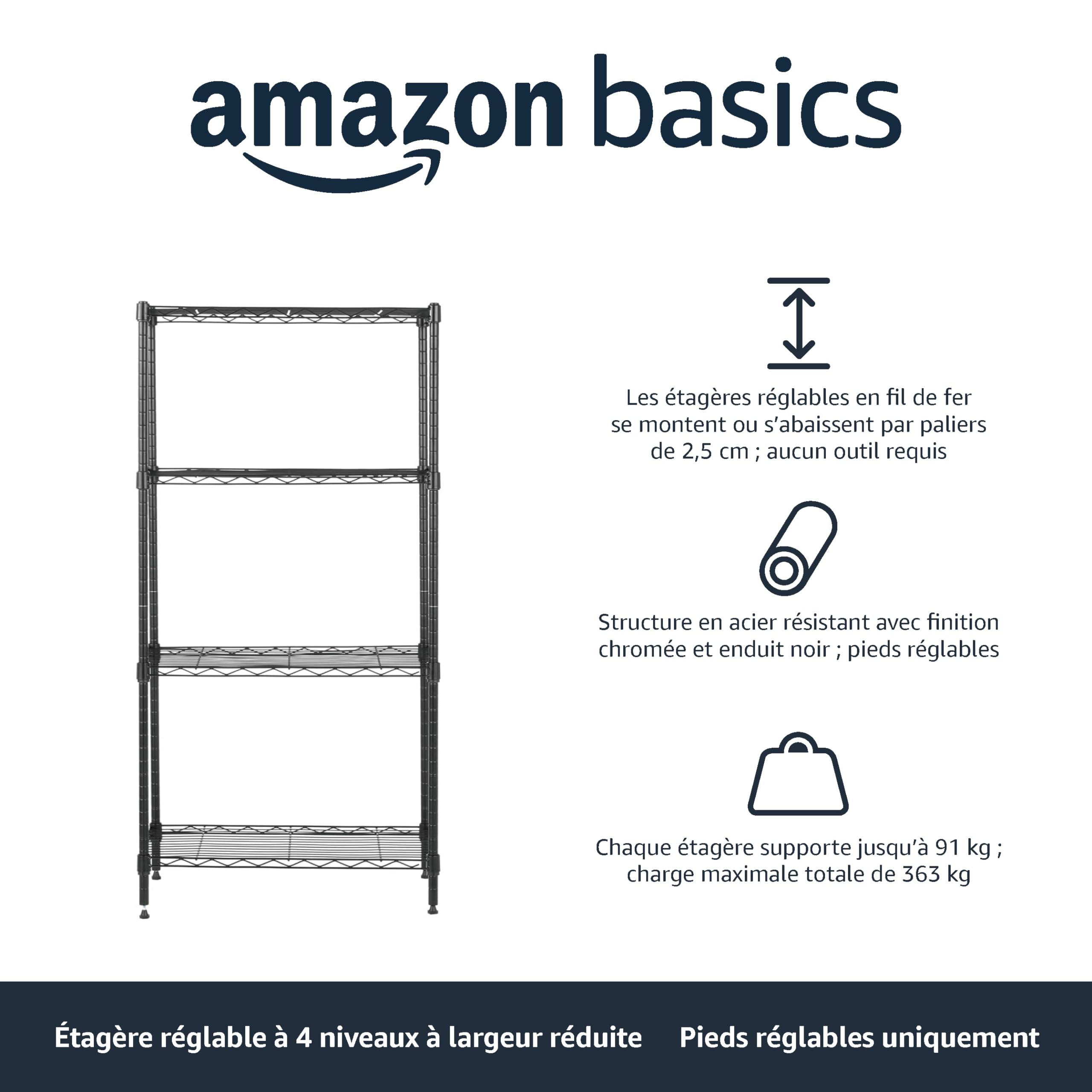 Amazon Basics Étagère à 4 tablettes étroites réglables en Hauteur avec Pieds de nivellement, Charge Max. 363 kg, Noir, 34 L x 58.9 W x 121.9 H cm