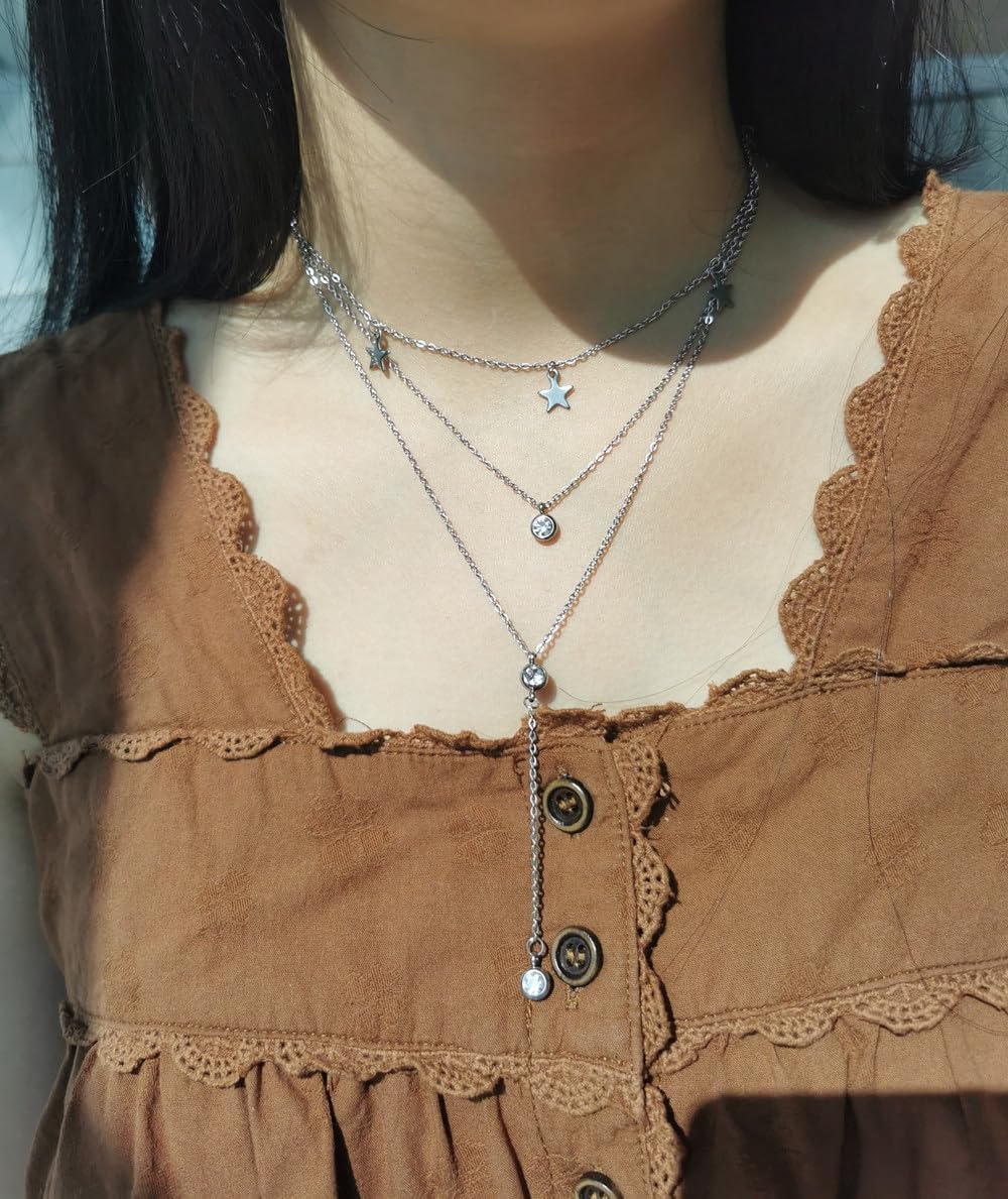 WangGao Stainless Steel Crystal Star Choker Tassel Handmade Y Shape Long Pendant Multilayer Necklaces 3 Layer Chains Necklaces Set for Women,Silver - Image 2