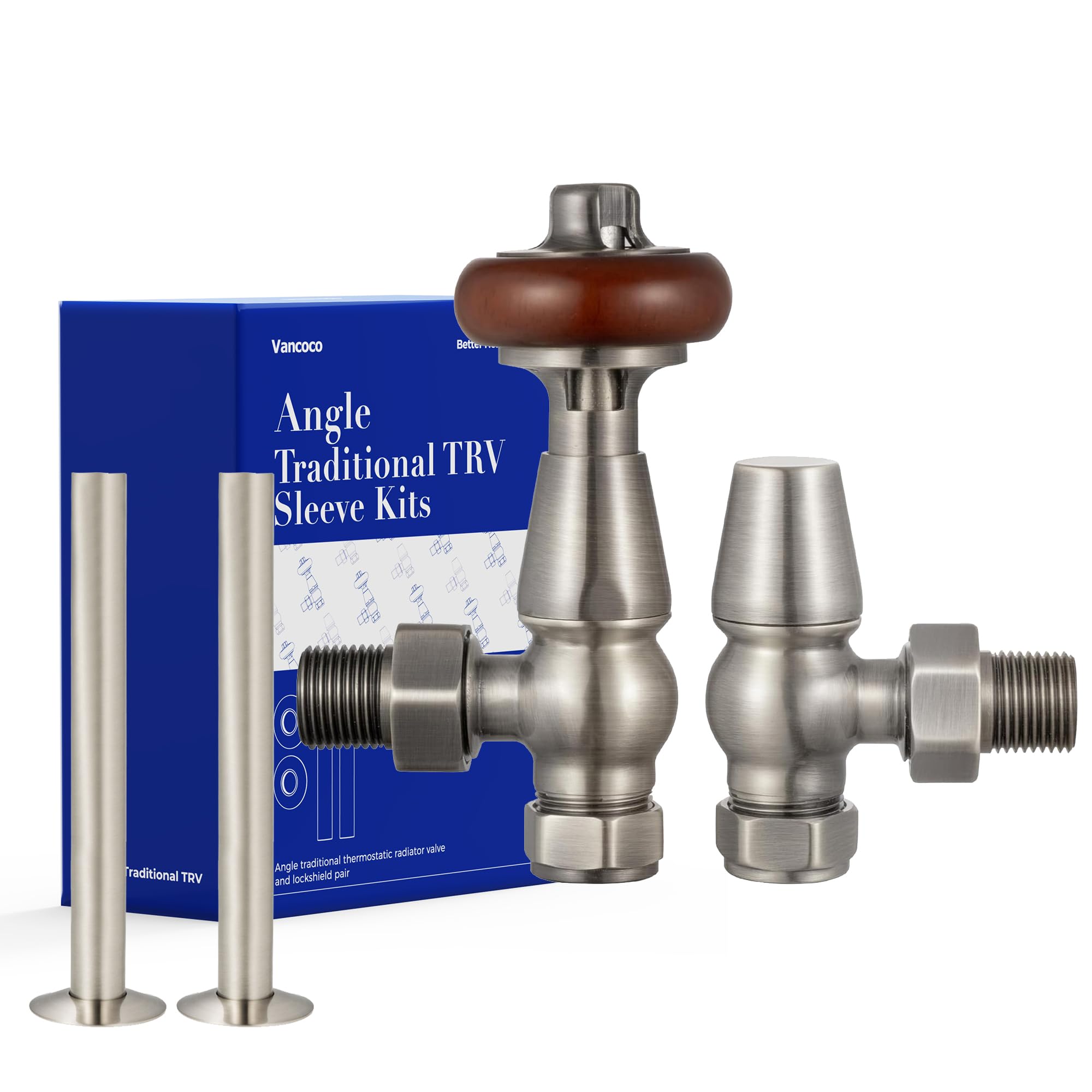 VANCOCO Traditional Satin Nickel Angled Radiator Valves 1/2"×15mm + 130mm×15mm Radiator Pipe, Brass Thermostatic Radiator Valve, Cast Iron Antique Thermostat TRV Pair with Solid Wood Handwheel